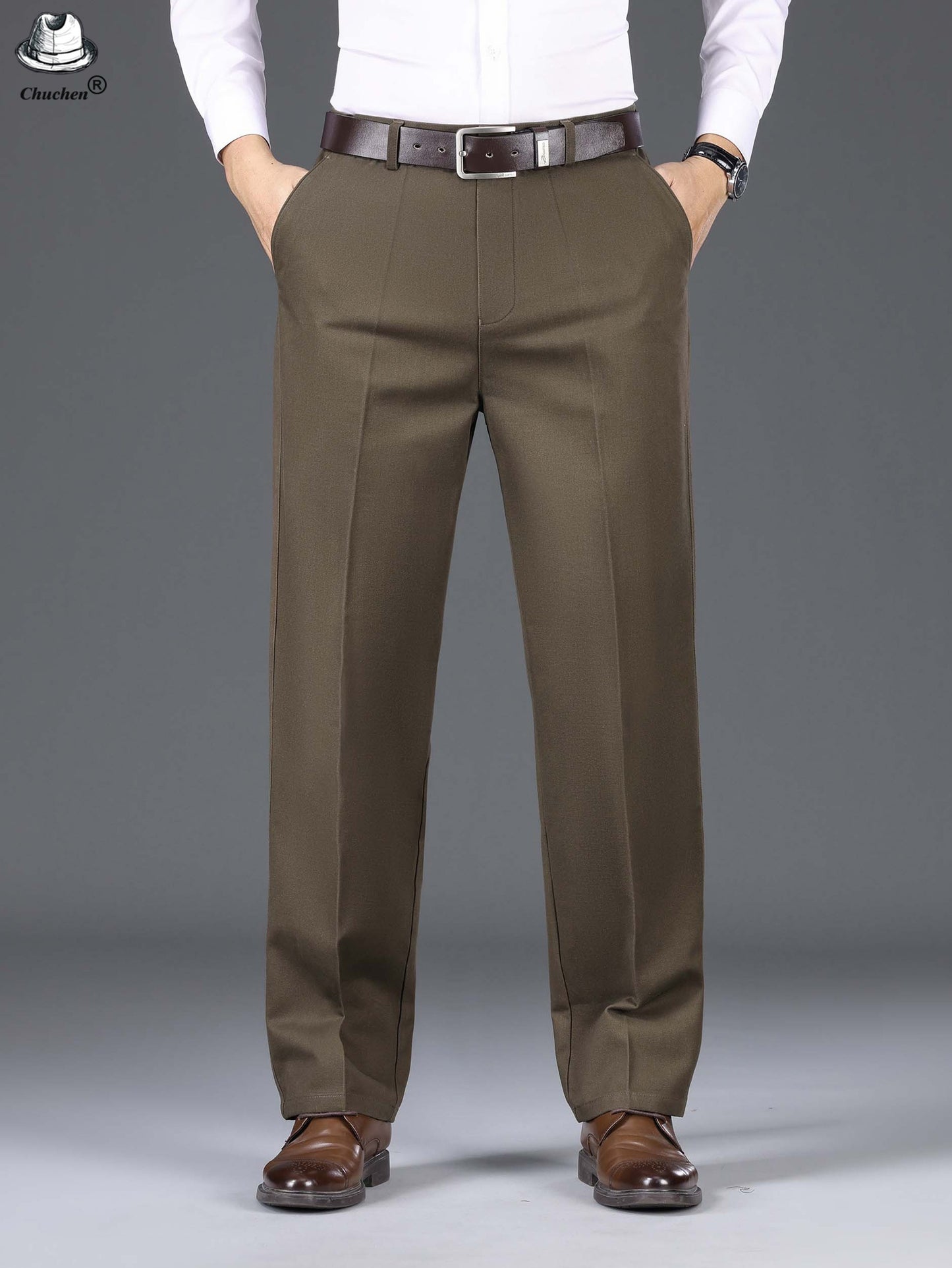 1pc Classic Fit Men'S Dress Pants - 100% Cotton, Solid Color, Non-Stretch, Regular Length, for Autumn/Winter - Business Casual Style