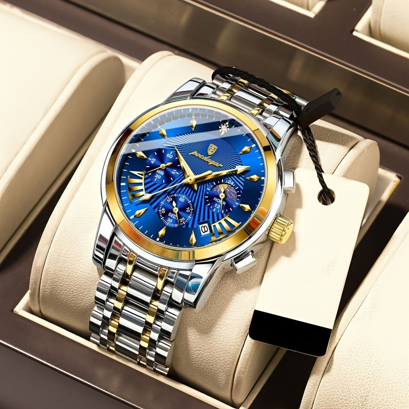 BINBOND Men'S Luxury Quartz Watch - Stainless Steel Band, Blue & Golden Skeleton Dial, Water-Resistant, Elegant Design for Casual Attire, Perfect Gift for Christmas, Valentine'S Day, or Thanksgiving, Business Watch | Stylish
