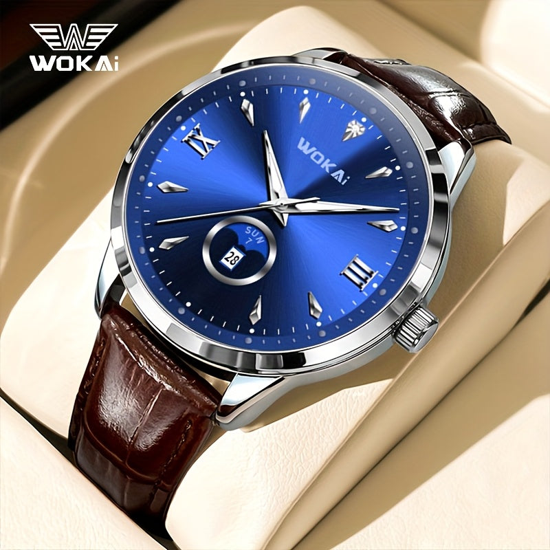 WOKAI Men's Sporty Watch with Glowing Dial, World Time & Date, Round Plastic Case, Faux Leather Strap, Battery-Powered, Perfect Gift for Spring & Summer