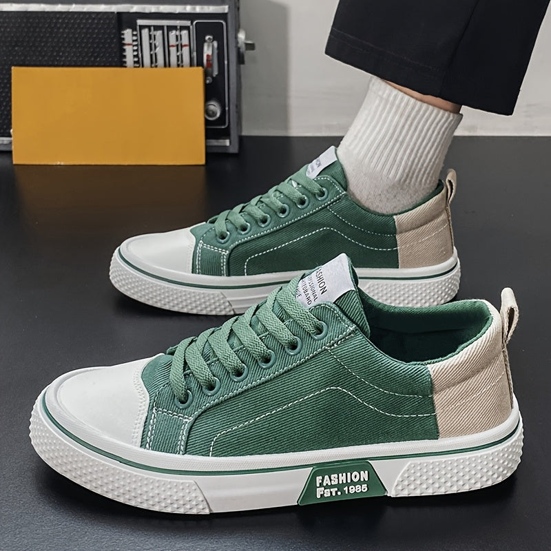 Men's Breathable Canvas Sneakers - Low-Top Lace-Up Skate Shoes, Fashionable Casual & Sporty Design with Green & Beige Color Block, Non-Slip PVC Sole for Casual Attire, Outdoor Sneakers | Laceup Closure | Stylish Lowtops