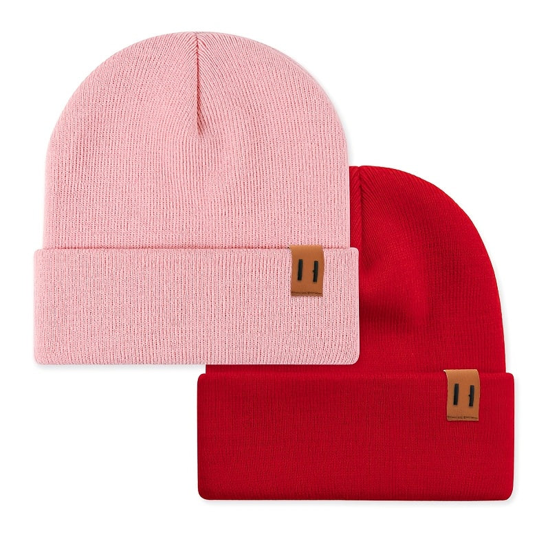 2pcs Fashion Faux Leather Label Knit Hat Set for Autumn and Winter, Outdoor Warm Ear Protection Knitted Cap Wholesale Lightweight Beanie