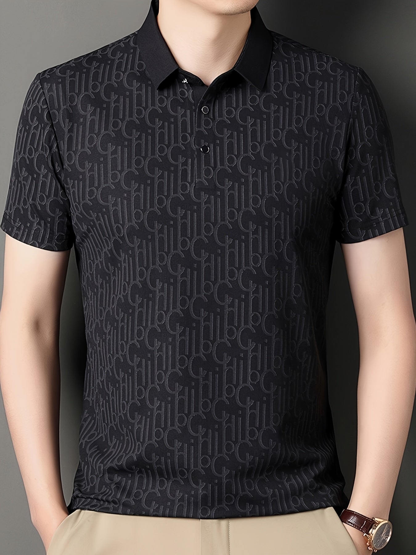Men'S Casual Summer Short Sleeve T-Shirt with "Gil" Letter Print, Light Gray, Button-Up Collar, Medium Stretch Fabric, Regular Fit, Perfect for Weekend Outings, Relaxed Outing Shirt | Letter Print Tee | Medium Stretch Fabric