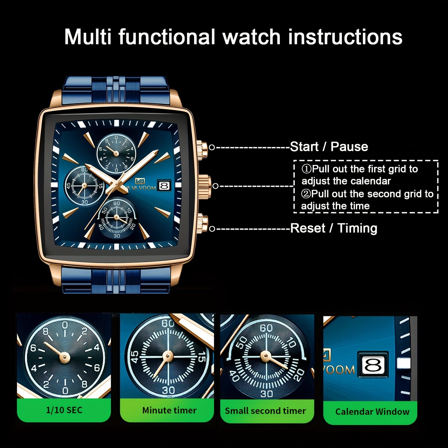 VA VA VOOM Brand New Arrival 1pc Fashionable Golden & Blue & Silveryy & Black Stainless Steel Strap, Oversized Square Dial, Multifunctional Six Needle Three Eyes, with Calendar Window, Luminous Function, High-Quality Fashiona