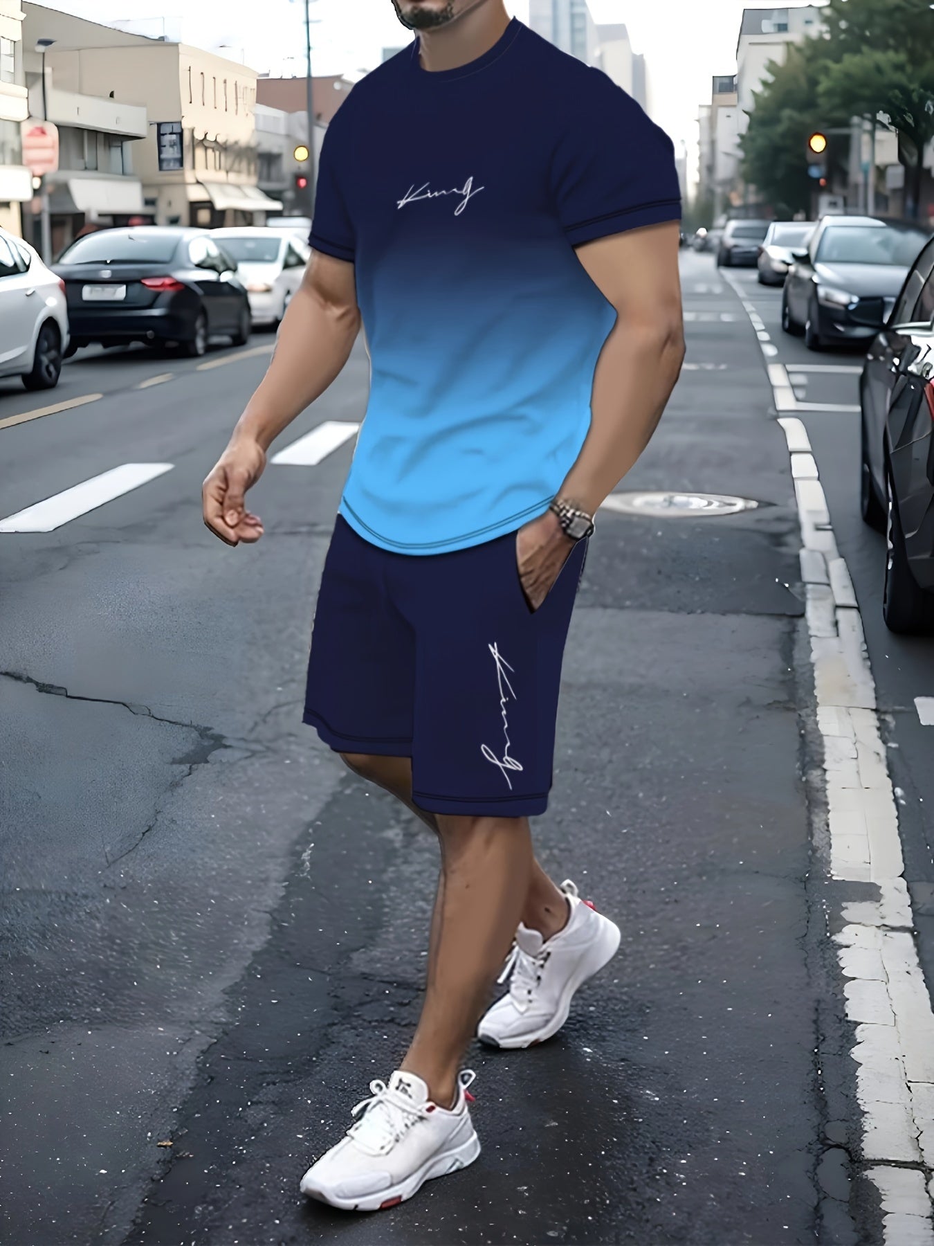 King Signature Men's Two-Piece Athletic Outfit: Graduated Color T-Shirt and Shorts - Summer Collection - High-Quality King Print - Men's Casual Sportswear - Middle East