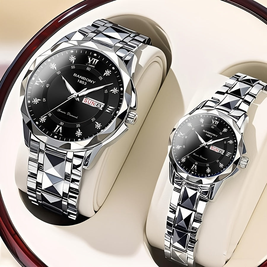 2pcs Couple Watch BANBONY Brand Trendy Fashion Men's and Women's Quartz Watch Stainless Steel Strap with Rhinestone Luminous High-definition Disc Waterproof Night Light Display Week Calendar Display Wristwatch Holiday Gift fo