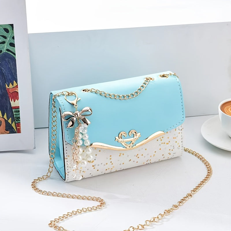 Fashionable Women'S Flip Clutch with Metal Chain and Tassel Pendant, Lightweight Shoulder Bag, Adjustable Strap, Urban Polka Dot Design, Polyester Lined, Buckle Closure - Ideal Gift for Family, Mother, Lover, Friends, Classma