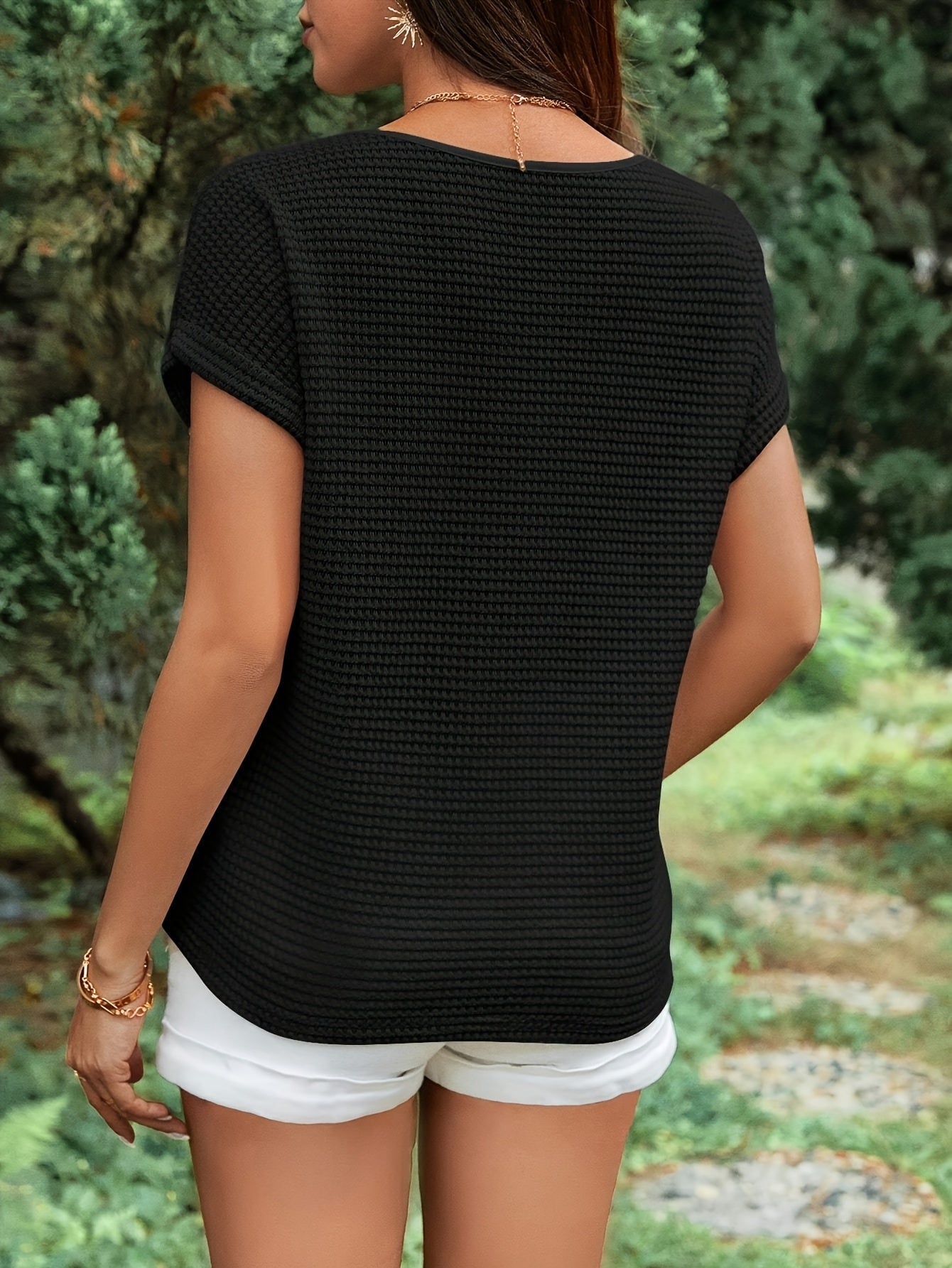 Women'S Brown Knit Short Sleeve Top with Golden Heart Design - Casual Spring/Summer Blouse, Casual Wear|Knit Texture|Short Sleeve Top
