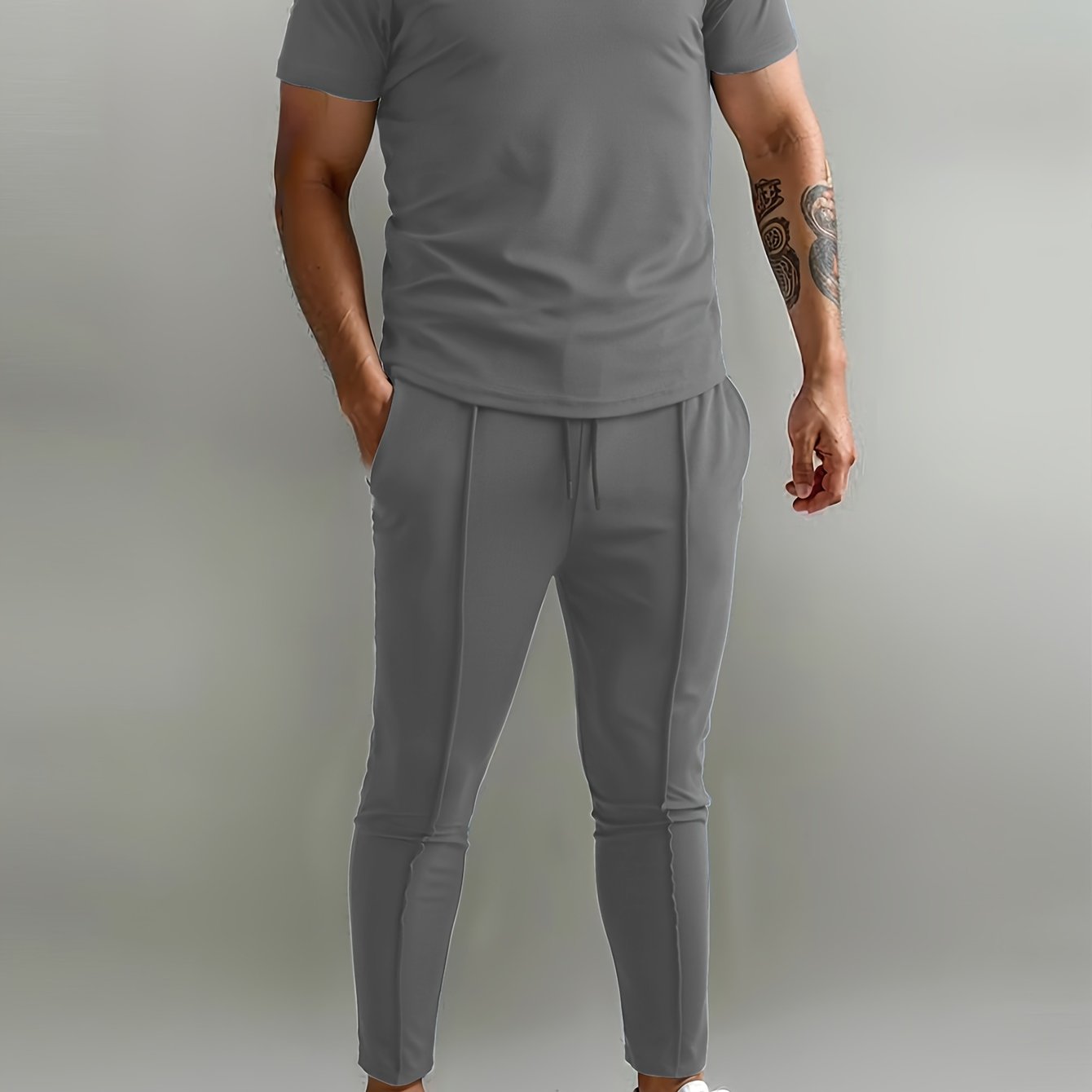 Men's Slim-Fit Casual & Joggers Set - Breathable Polyester, Short Sleeve, Summer Outdoor Wear