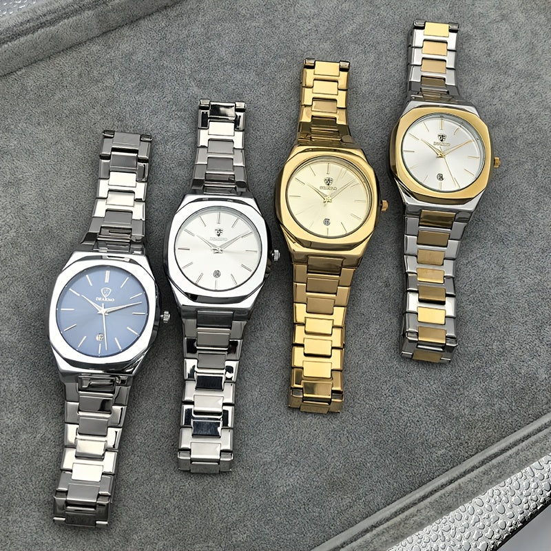 Elegant Men's Quartz Watch - Luminous Hands, Golden-Tone Dial with Stainless Steel Band, Date Display, Business Style, Non-Rechargeable Battery