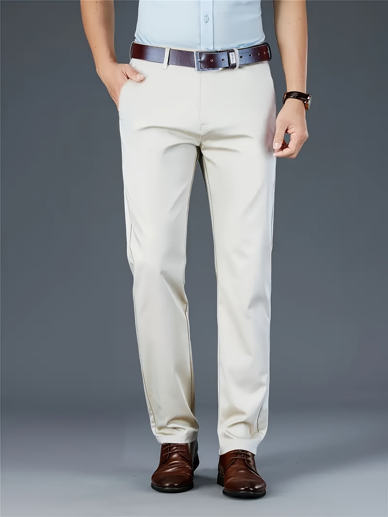 Men's Classic Business Dress Pants, Solid Color Casual Trousers, 100% Polyester, Regular Fit, with Zipper Fly, for Daily Wear and Gifting, All-Season, Allseason Trousers | Notch Lapel Design | Polyester Trousers
