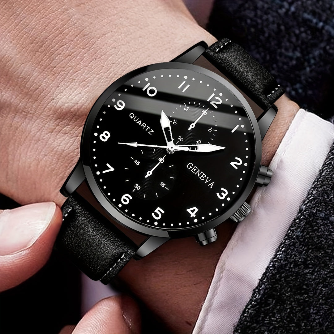 1pc Fashionable Men'S Quartz Watch, Large Dial, Zinc Alloy Case, Round Dial, Faux Leather Strap, Battery Powered, Electronic Drive, Non-rechargeable Button Battery, Business Style Wristwatch (Watch Box Not Included)