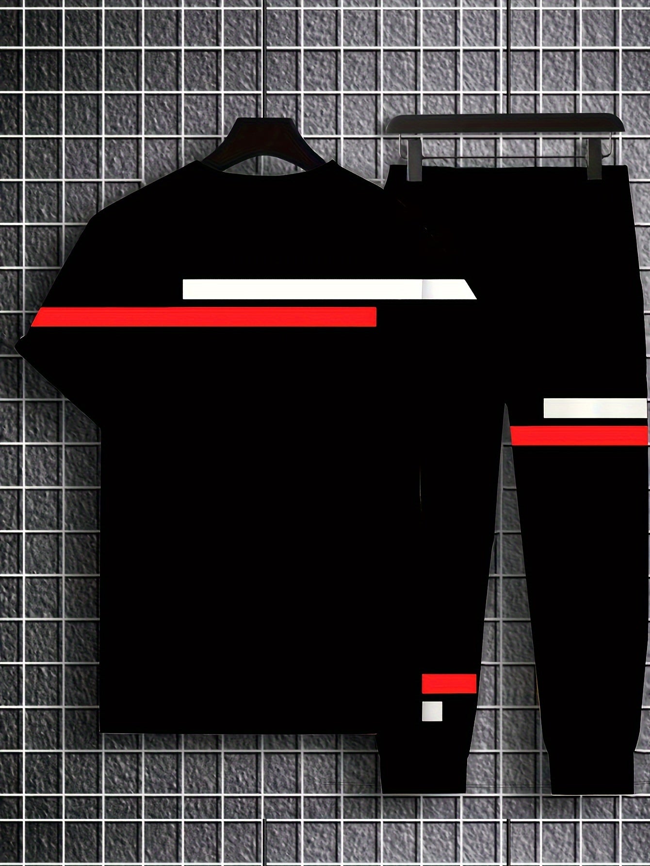 Men's Summer Athletic Short Sleeve Tops & Long Pants Set - Striped Polyester Blend Streetwear Outfit