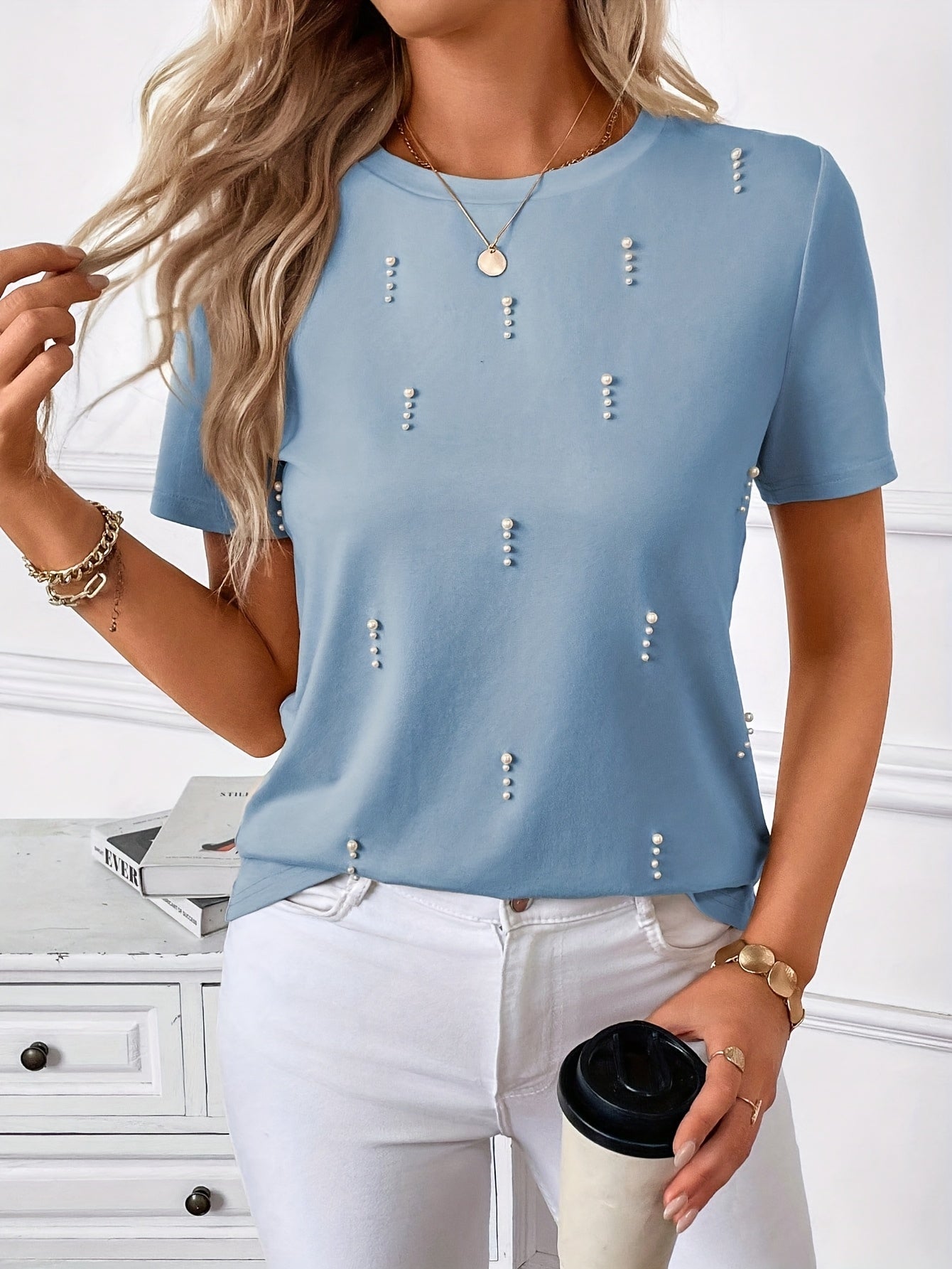 Women'S Beaded Embellished Short Sleeve T-Shirt - Round Neck Casual Top for Spring & Summer, Lightweight Polyester Blend, Elegant Beaded Detailing, Perfect for Casual Attire