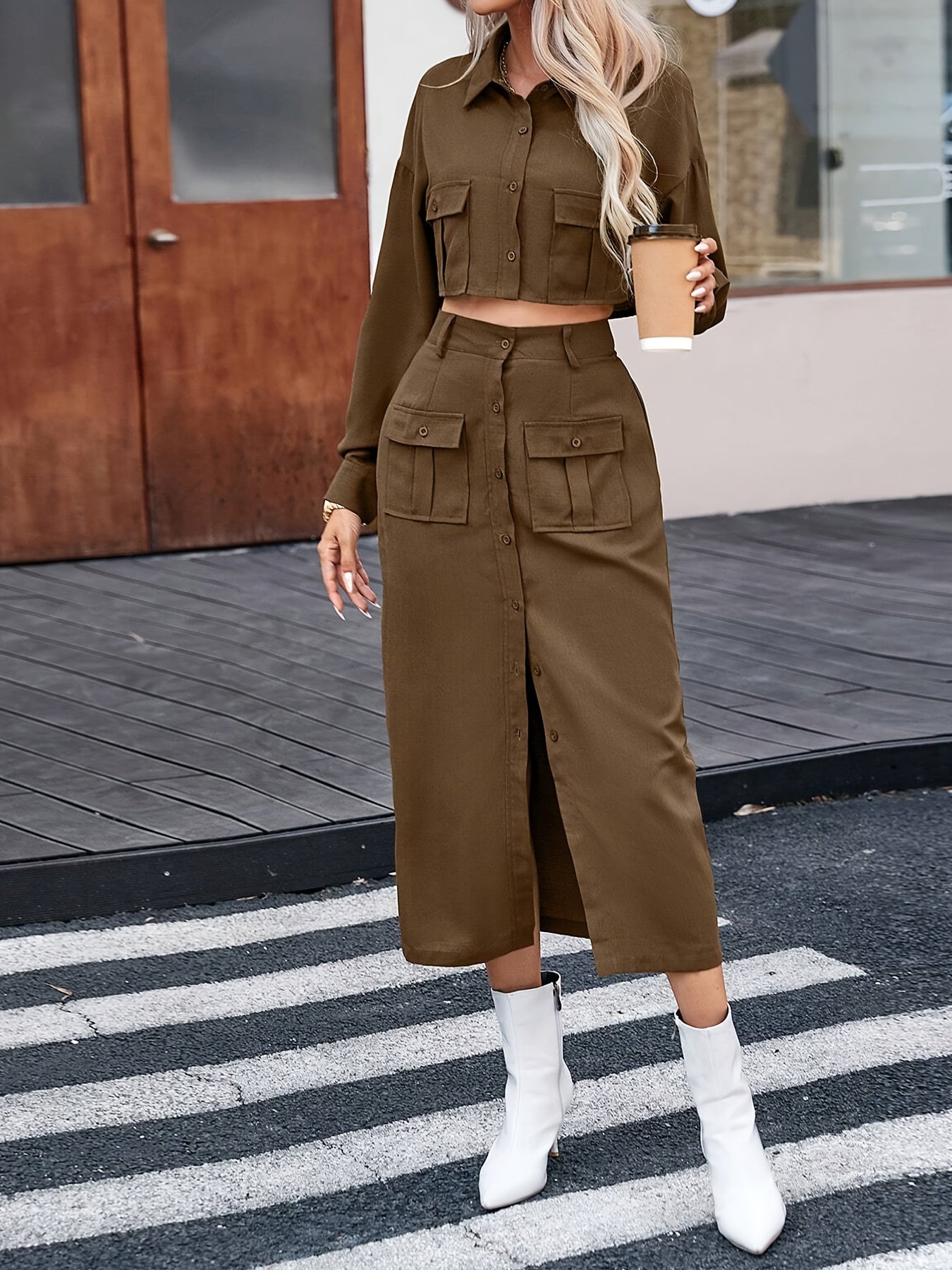 Solid Color Button Elegant Set, Crop Long Sleeve Shirt & Split Hem Midi Skirt, Women's Clothing