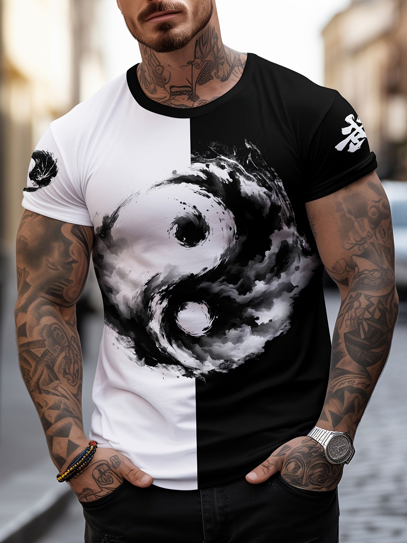 Men'S Yin Yang 3D Print T-Shirt - Casual Crew Neck Polyester Tee, Slight Stretch Knit Fabric, Regular Fit, 100% Polyester Fiber, 100g/m²