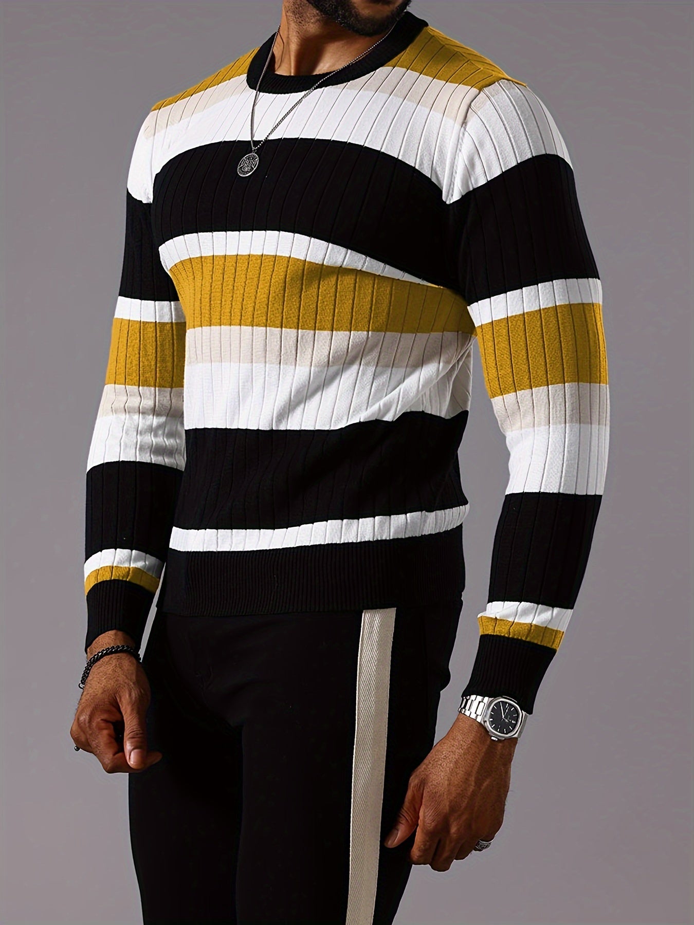 Men's Striped Color-Block Ribbed Knit Sweater - Long Sleeve Round Neck Pullover with Elastic Comfort Fit, Machine Washable Casual Fall Winter Top in Black/White/Green/Beige, Knit Sweater, Medium Elasticity