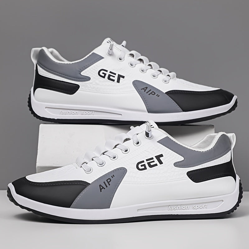 Men's White/Grey/Black Casual Sneakers - Low-Top Lace-Up Shoes with Cushioned Rubber Sole, PU Upper & Fabric Lining - Lightweight Everyday Walking Shoes for Gym, Office, Travel - Minimalist Athletic Footwear, Shoes Sneakers,