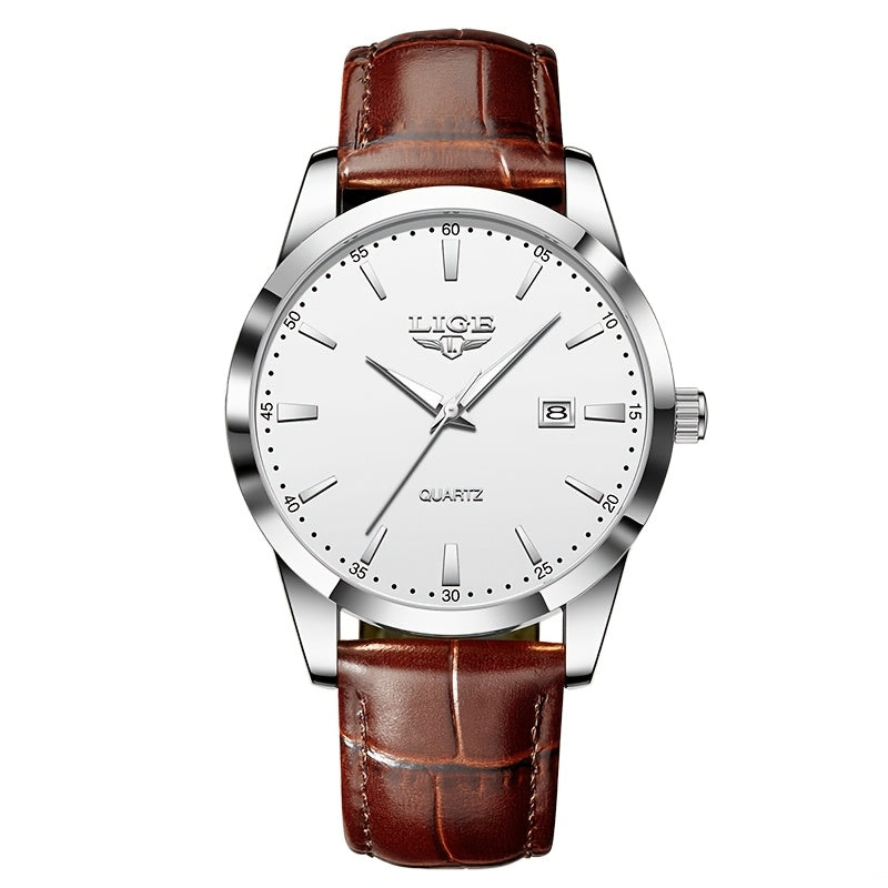 A Stylish Timepiece By LIGE Featuring A Blend Of Business And Casual Design, With A Faux Leather Strap, Alloy Case, And A Non-rechargeable Battery.
