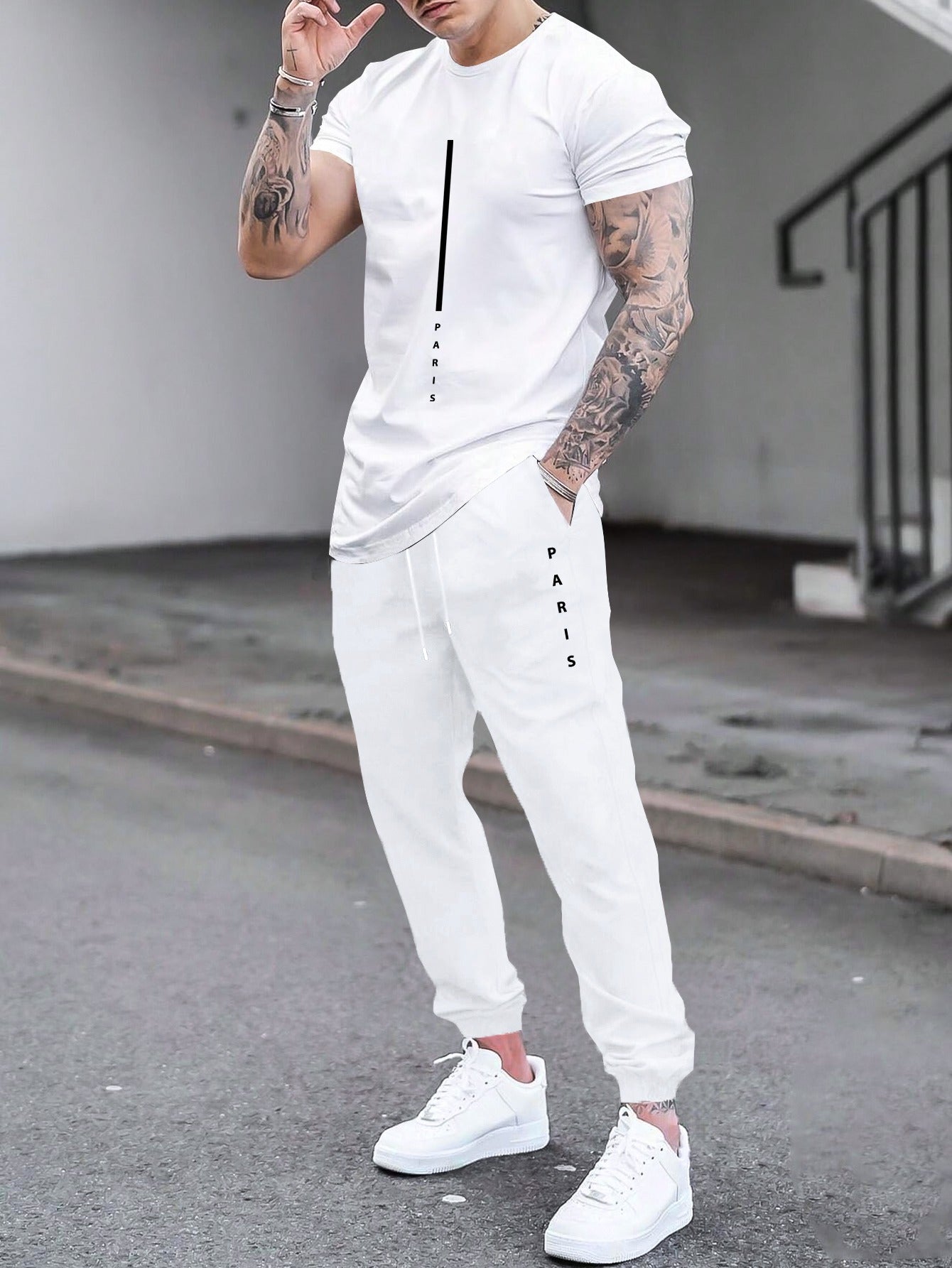 1set Men'S Casual Sportswear Set, Geometric Pattern Short Sleeve T-Shirt and Drawstring Joggers, Knitted Polyester and Elastane Blend, Round Neck, Regular Fit, Four Seasons Outfit