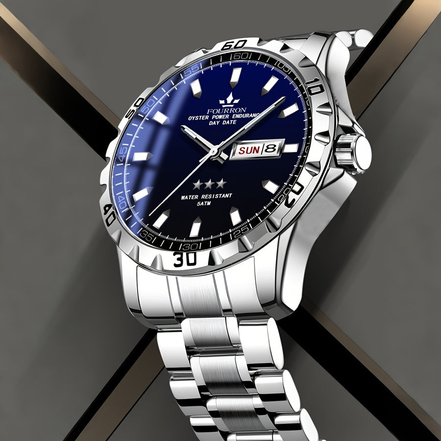 FOURRON Stainless Steel Quartz Watch with Black Dial, Date Display, Waterproof, Lightweight, Casual Style, Everyday Watch | Minimalist Watch | Stainless Steel Band