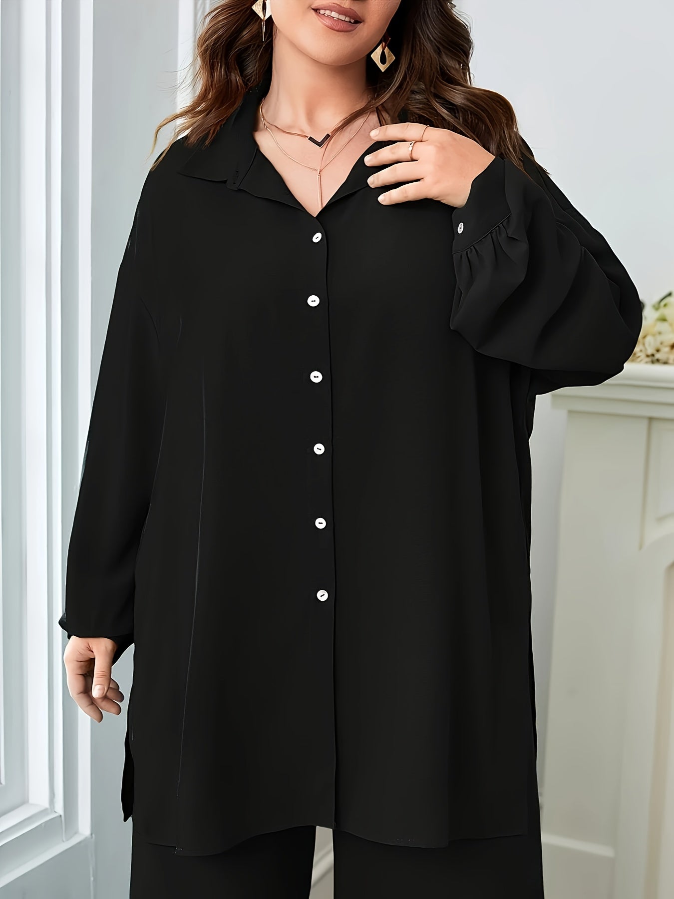 Plus Size, Plus Size Women's Fashionable and Elegant Loose V-Neck Two-Piece Set