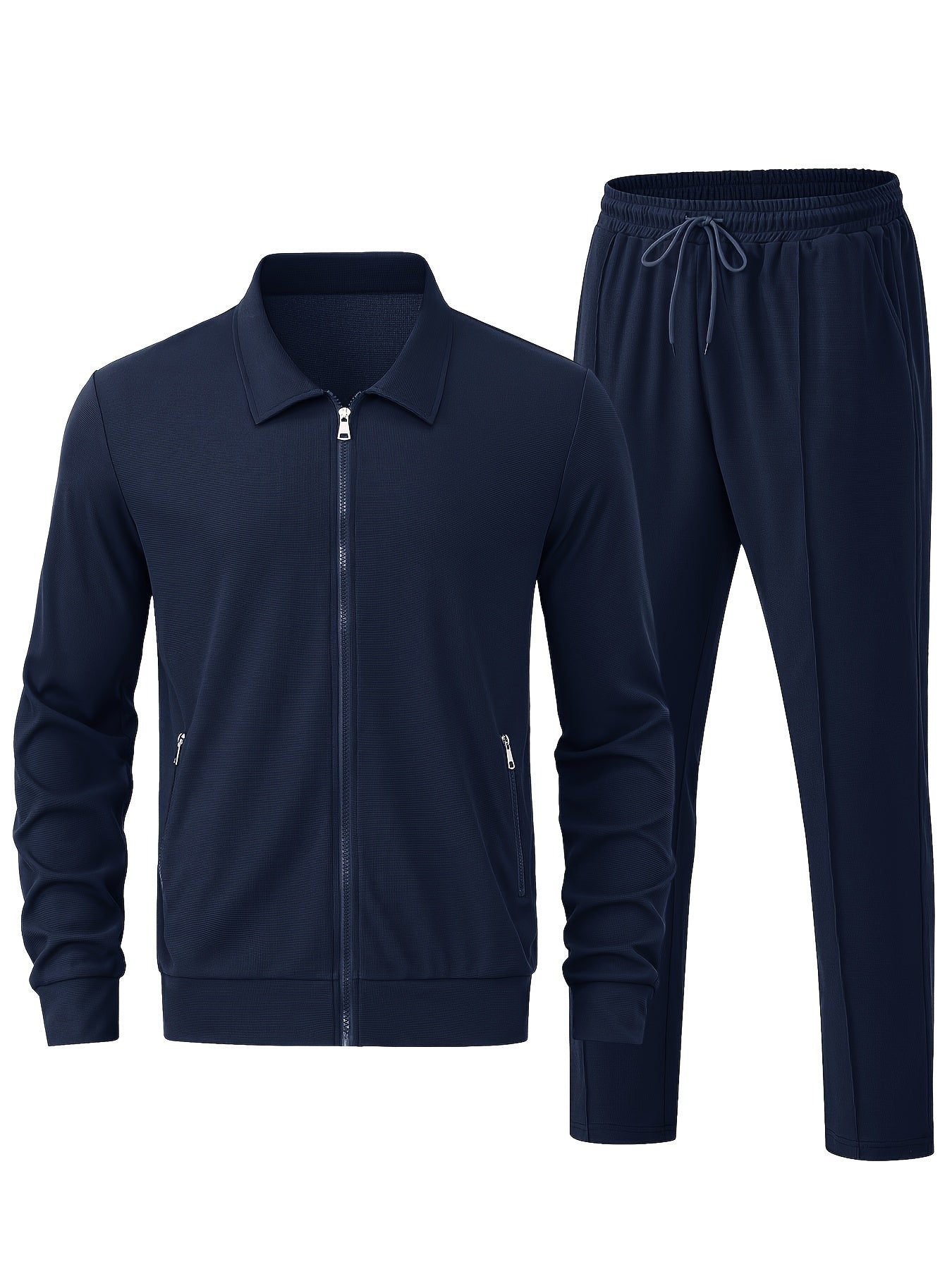 Men's Solid Waffle 2pcs Athletic Outfits, Zip-up Jacket & Pants co ord set for Outdoor Sports
