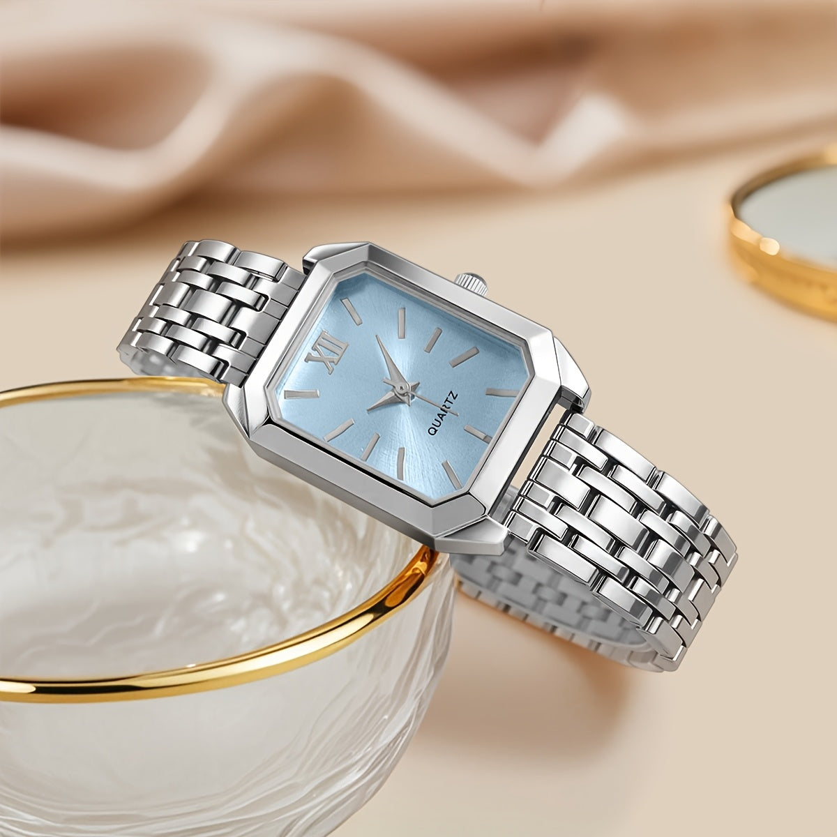 Women's Glamorous Elegant Quartz Watch - Light Blue Dial, Roman Numeral XII, Alloy Metal Band, Rectangular Case, Non, Everyday Casual & Formal Wear, Middle East Collection Luxury Gift, Formal Timepiece | Sophisticated Style |