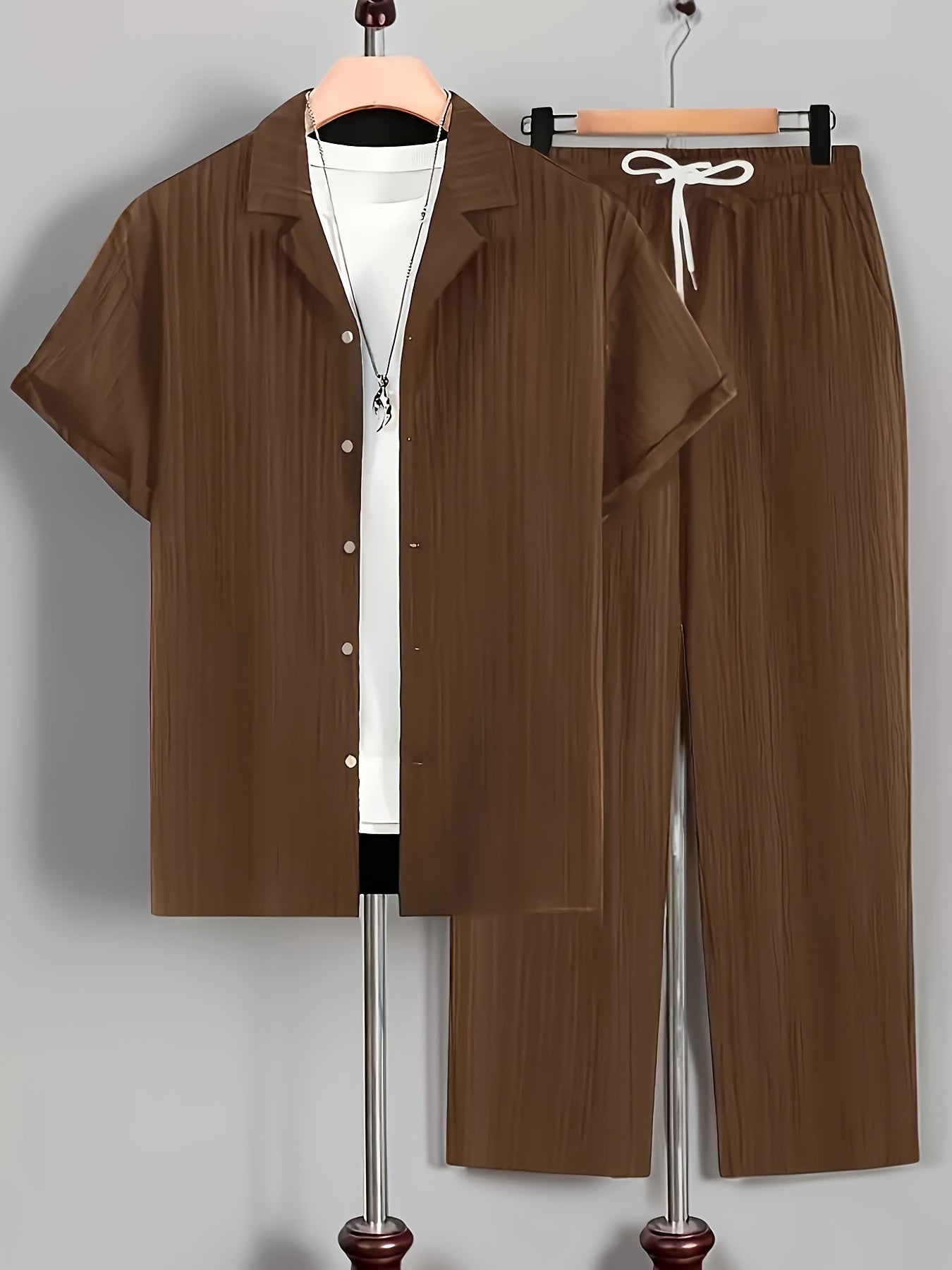 2pcs Men'S Casual Summer Set - Short Sleeve Button-Up Cuban Collar Shirt and Drawstring Waist Pants, Polyester Blend, Solid Color, Regular Fit, Breathable Fabric, Lightweight for Daily Wear
