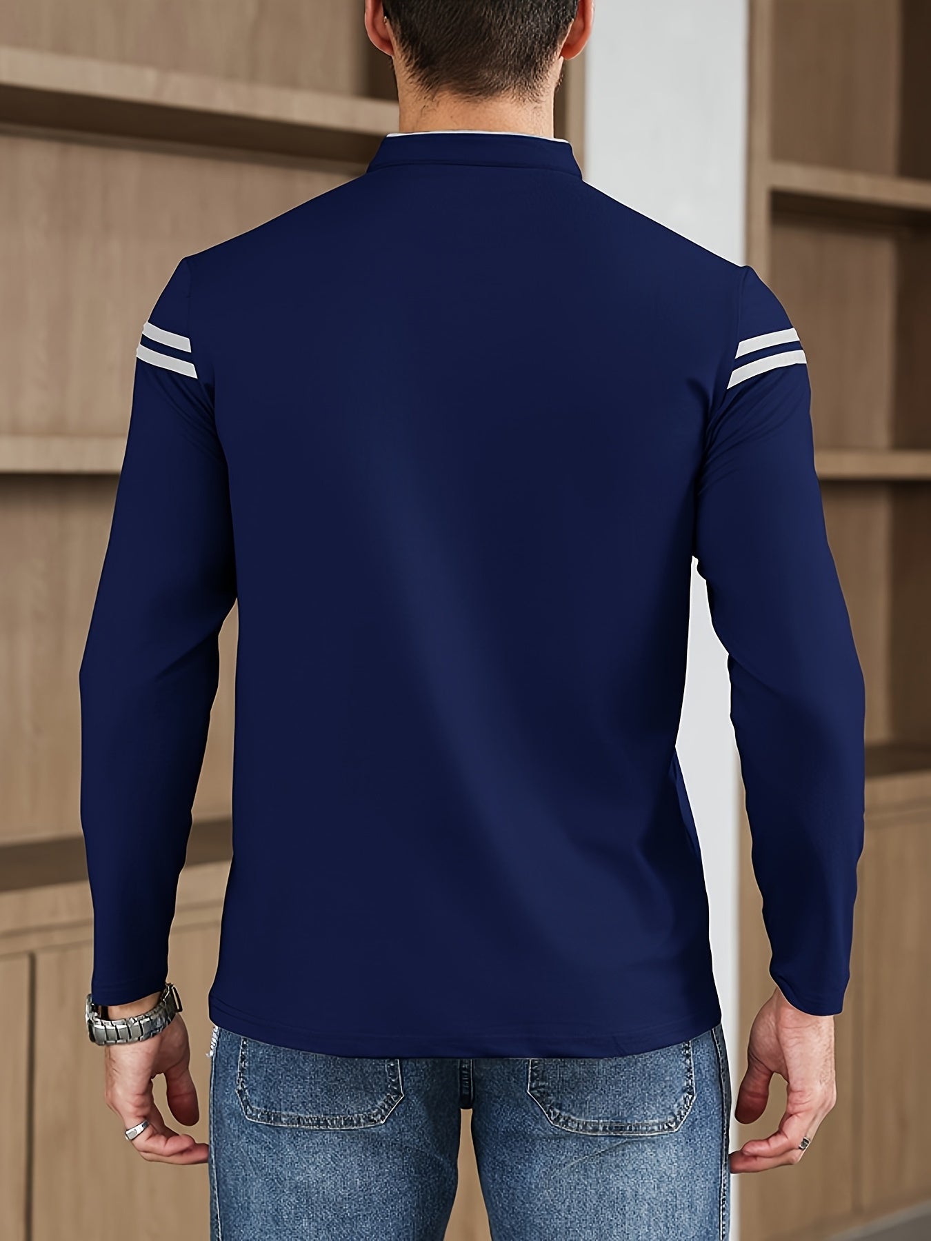 Men'S Casual Long Sleeve T-Shirt - Solid Color with Stand Collar & Stripe Polo, Button-Up Front, Ideal for Outdoor Activities