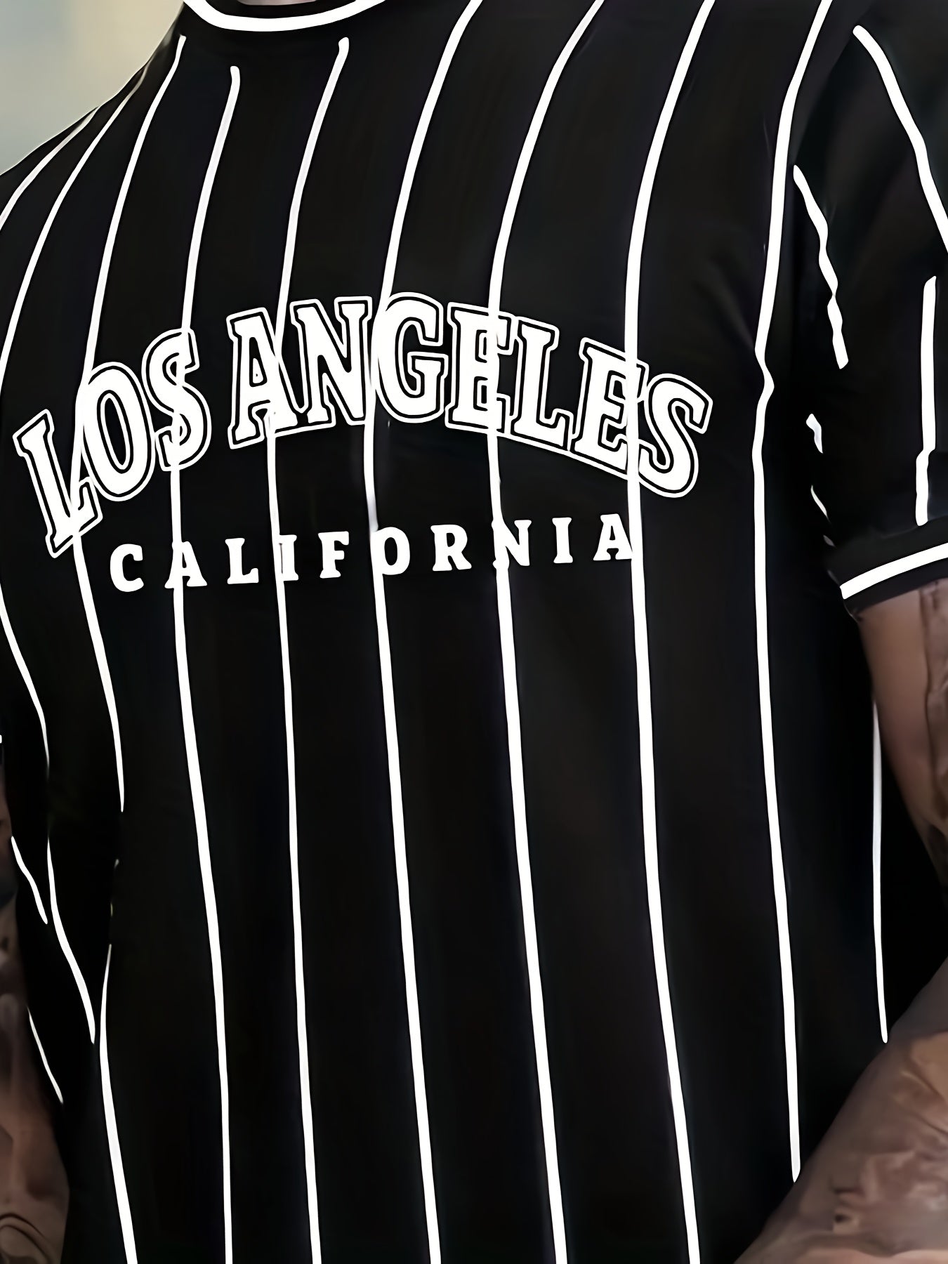 Men's Los Angeles California Graphic T-Shirt - Black & White Striped Casual Streetwear Tee, Breathable Summer Crew Neck Short Sleeve Top, Regular Fit, Everyday Streetwear | Smooth Texture Fabric