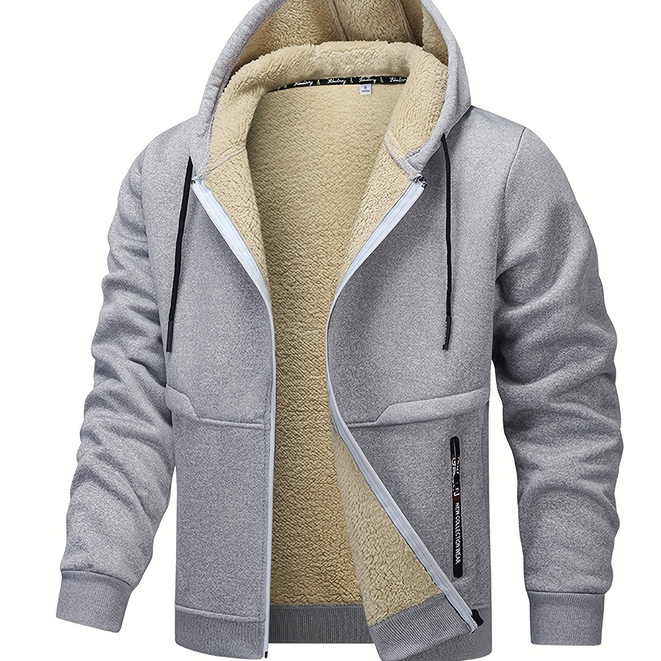 1pc Men'S Casual Style Hooded Jacket, Thick Fleece Lined, Warm Autumn/Winter Fashion, Solid Color, Polyester Knit with Pockets, Regular Fit