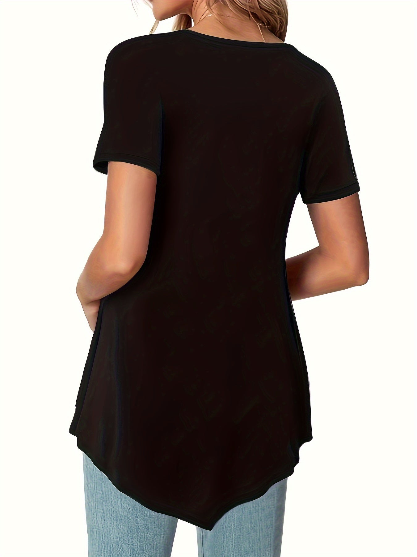 Asymmetrical Hem Crew Neck T-shirt, Short Sleeve Casual Top For Summer & Spring, Women's Clothing