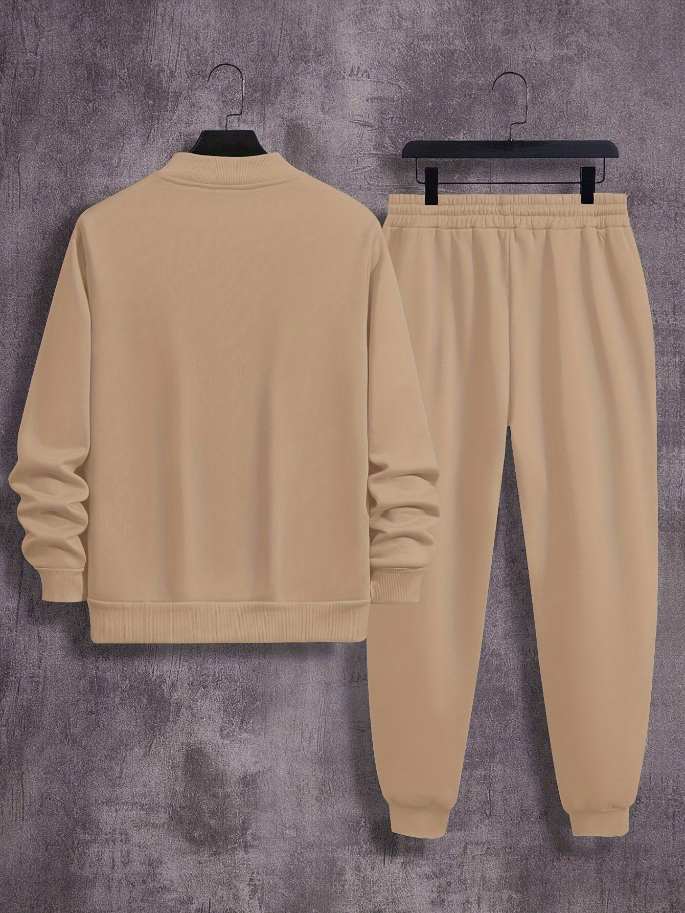 Men'S Casual Polyester Sweatsuit Set with Baseball Collar and Slight Stretch - Solid Color Long Sleeve Knit Fabric Track Suit for Fall/Winter