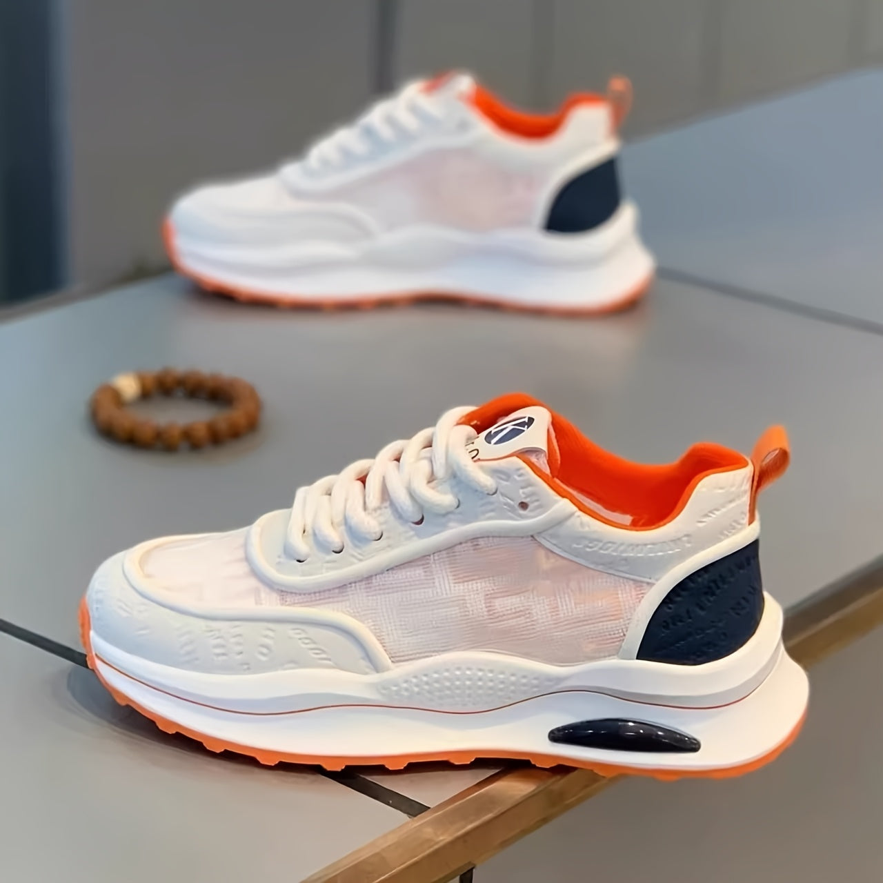 Men's Lightweight Breathable Low-Top Sneakers - PU Upper & PVC Sole, White/Navy/Red Accents, Lace-Up Round Toe for Casual, Outdoor, Running & Gym - All-Season Comfort Shoes, Casual Footwear, Geometric Pattern, Comfortable Fit