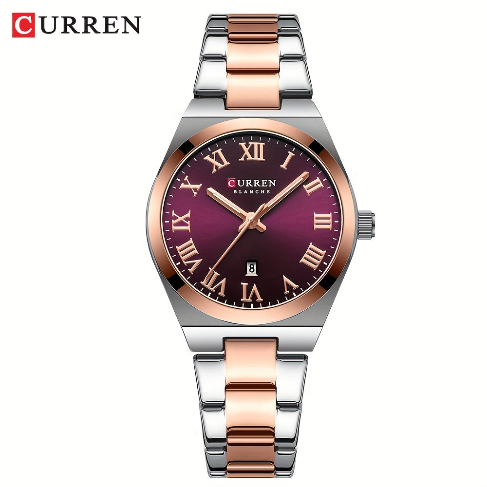 Fashionable Brand Of CURREN Ladies' Watches With A Casual And Simple Stainless Steel Strap, Featuring A Calendar And Quartz Movement.