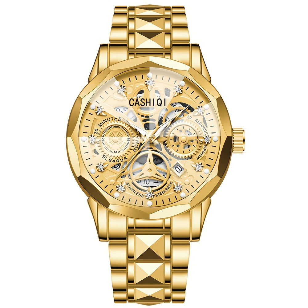 CASHIQI Brand Men'S Steel Strap Quartz Watch with Rhombus Dial, Sparkling Decoration, Calendar, And Luminous Display, IPX7 Waterproof Hollow Quartz Watch for Business, Travel, And Casual Wear - A Perfect Gift Choice.