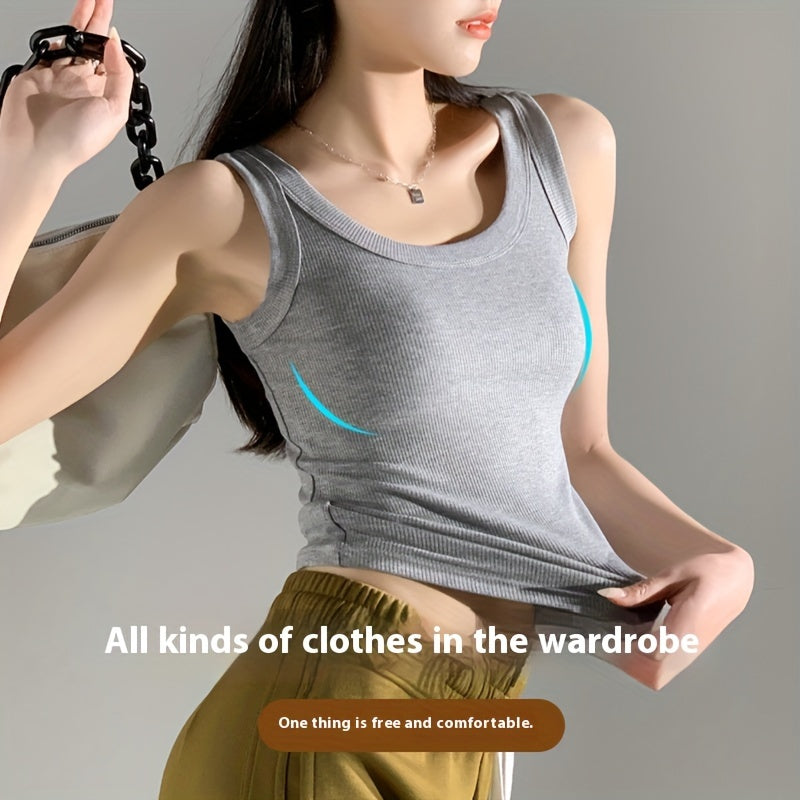1pc Women'S Casual Ribbed Tank Top, Solid Color Knit Vest with Side Stripe Detail, Low Neck Polyester Camisole for All Seasons, Versatile Layering Piece