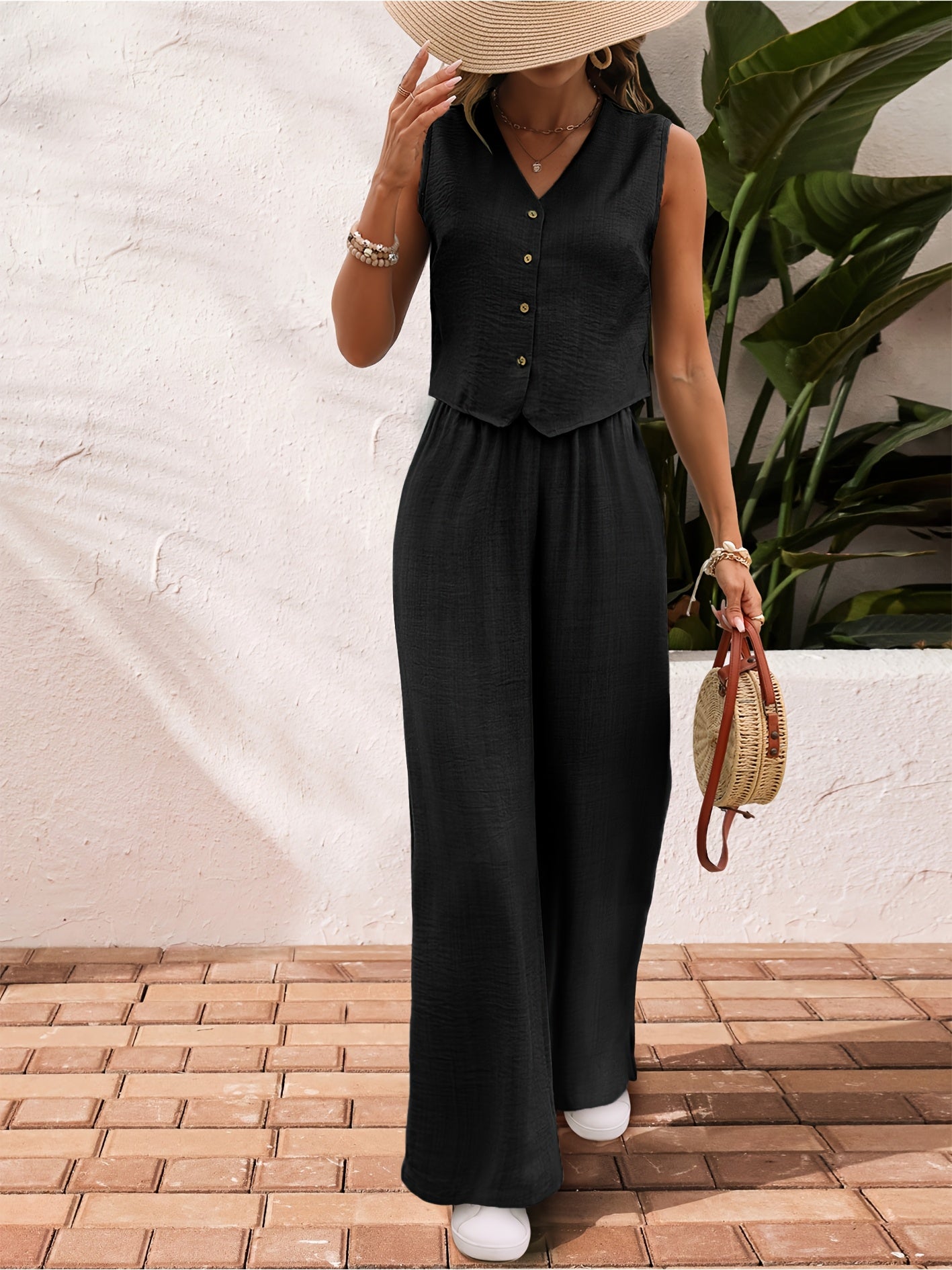 Women'S Elegant Solid Color Sleeveless V-Neck Two-Piece Set - Casual Summer Jumpsuit with Button Placket, Wide Leg Pants, and Beige Wedge Sandals, Casual Attire|Vneck Jumpsuit|Elegant Jumpsuit