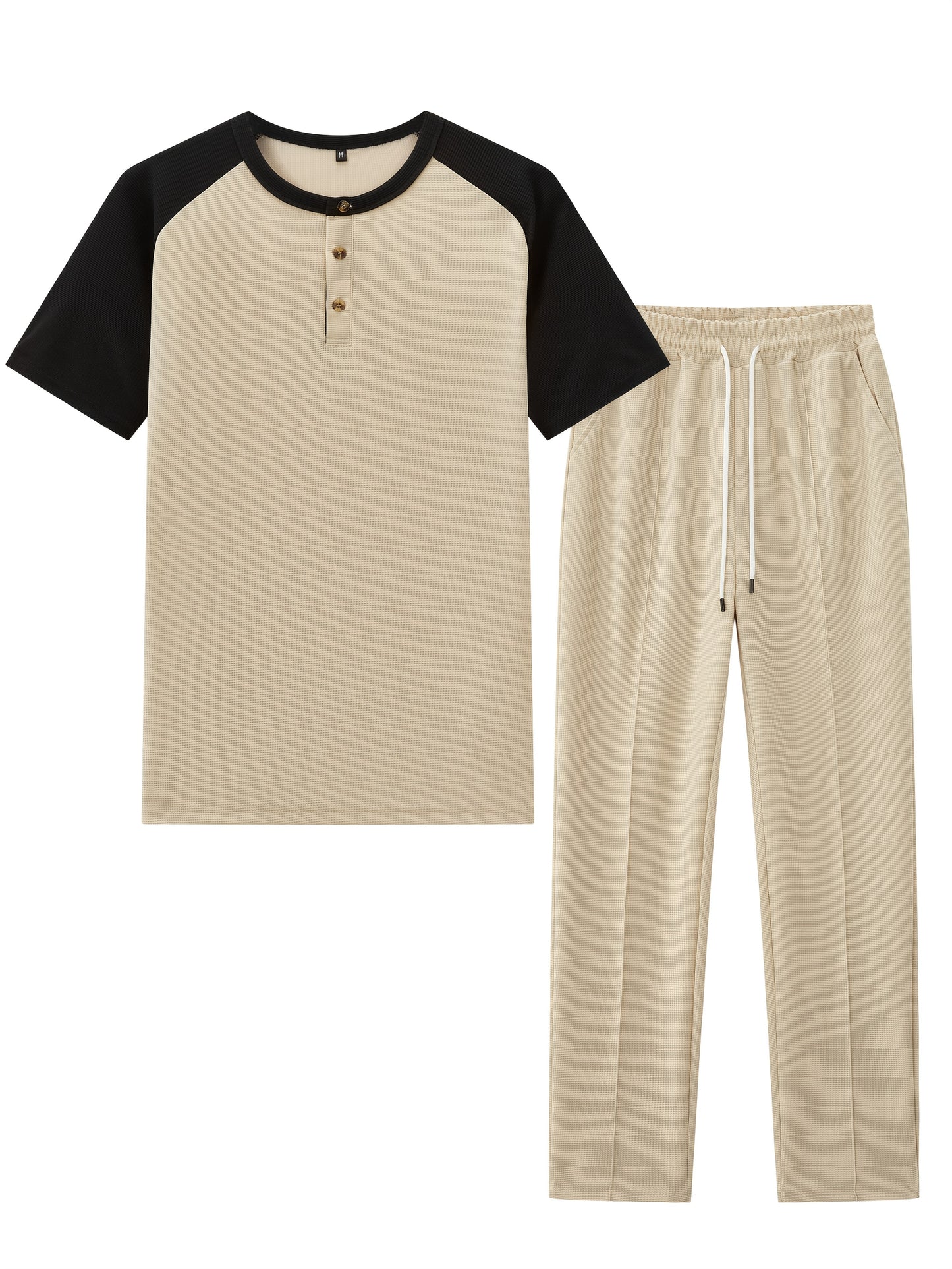 Men's Casual Mixed Color Spliced Set: Shirt and Drawstring Pants, Clean and Comfortable