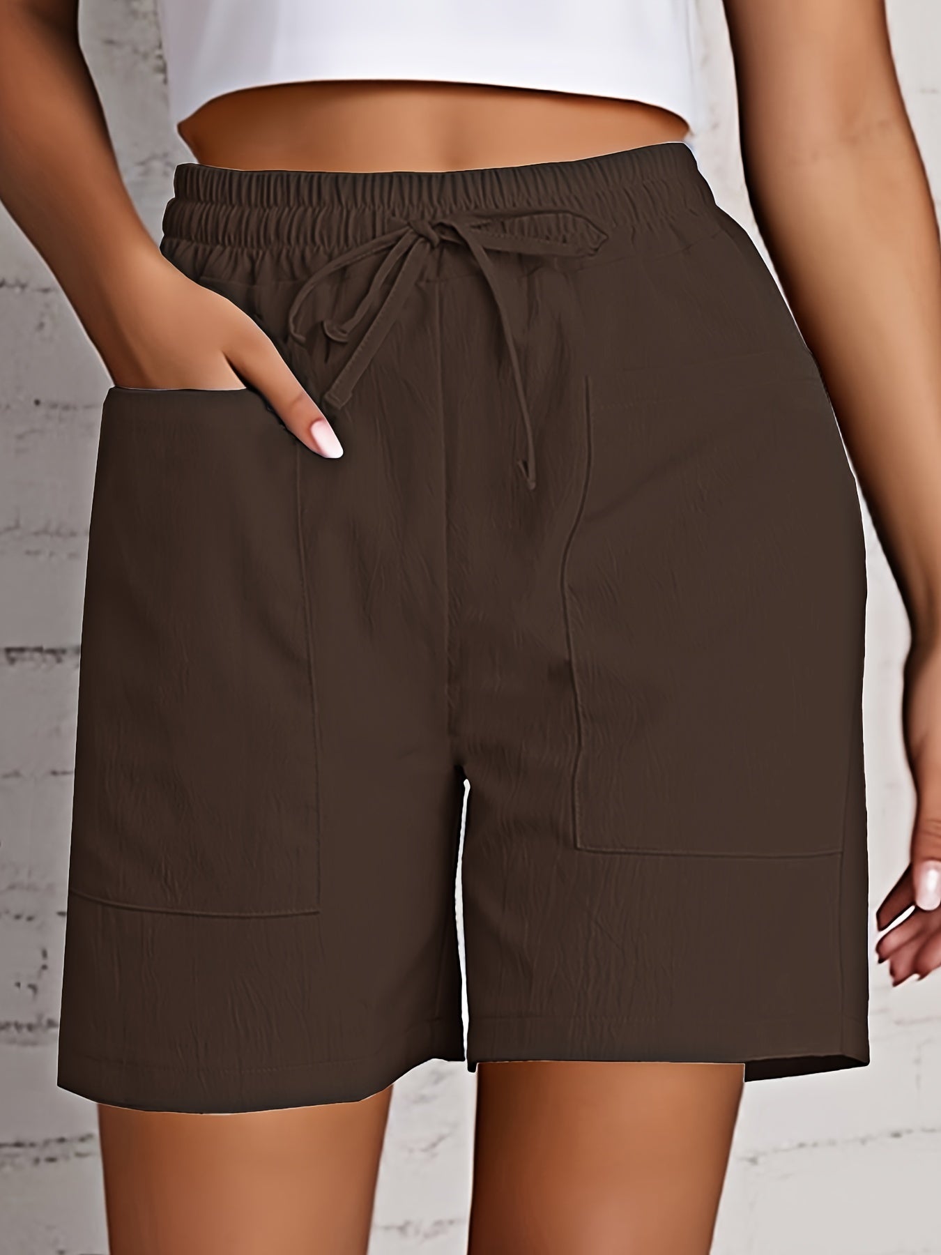 Women's Beige Cargo Shorts - Casual & Stylish, Solid Color with Drawstring Waist and Pockets, Polyester Blend, Machine Washable, All-Season Comfort
