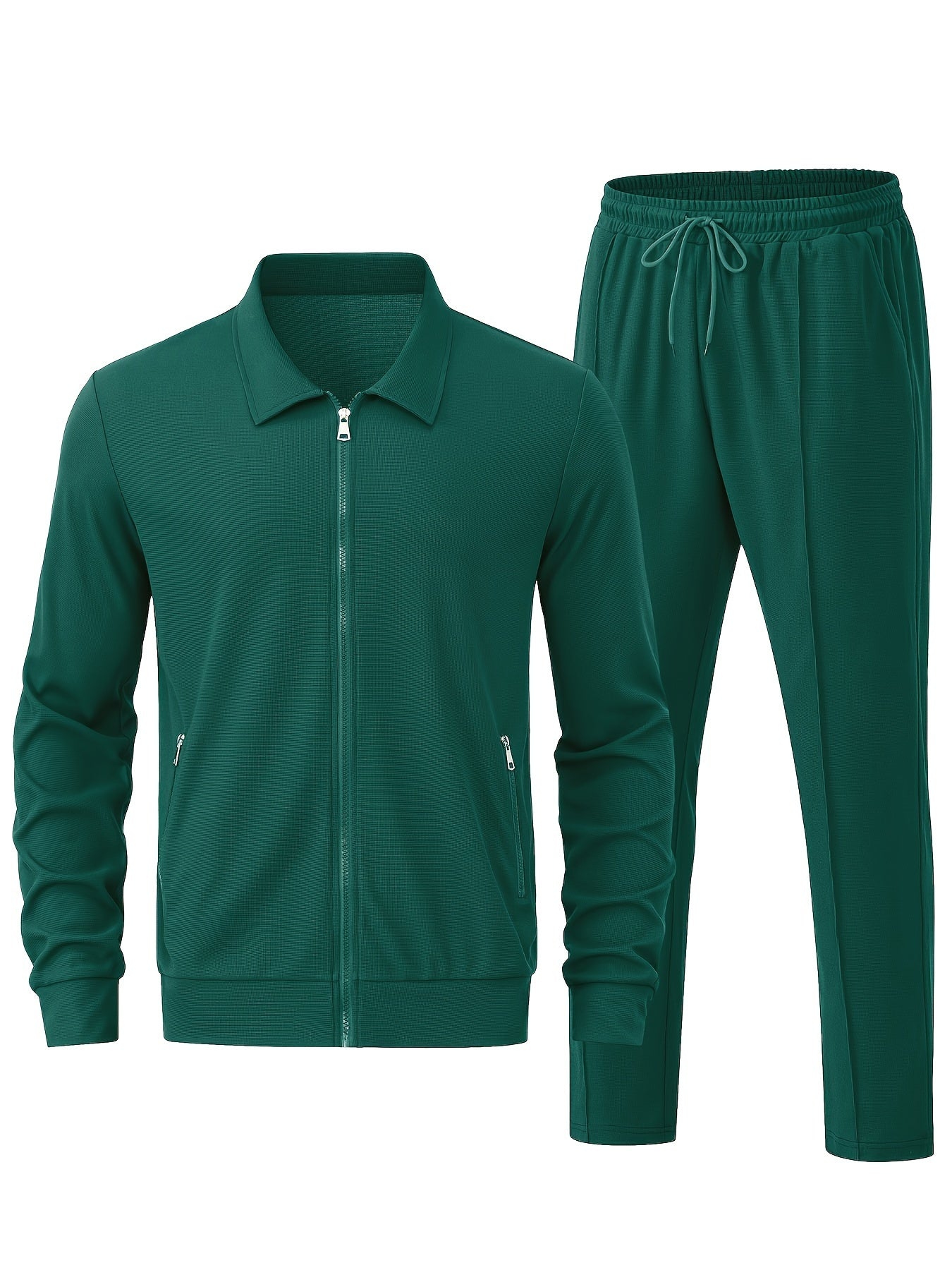 Men's Solid Waffle 2pcs Athletic Outfits, Zip-up Jacket & Pants co ord set for Outdoor Sports