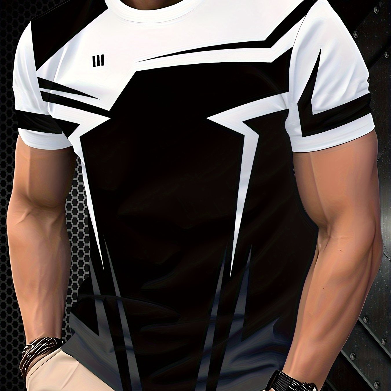 Men's Geometric Patchwork T-Shirt - Black & White Contrast Design, Breathable 100% Polyester, Regular Fit Casual Summer Tee, Machine Washable
