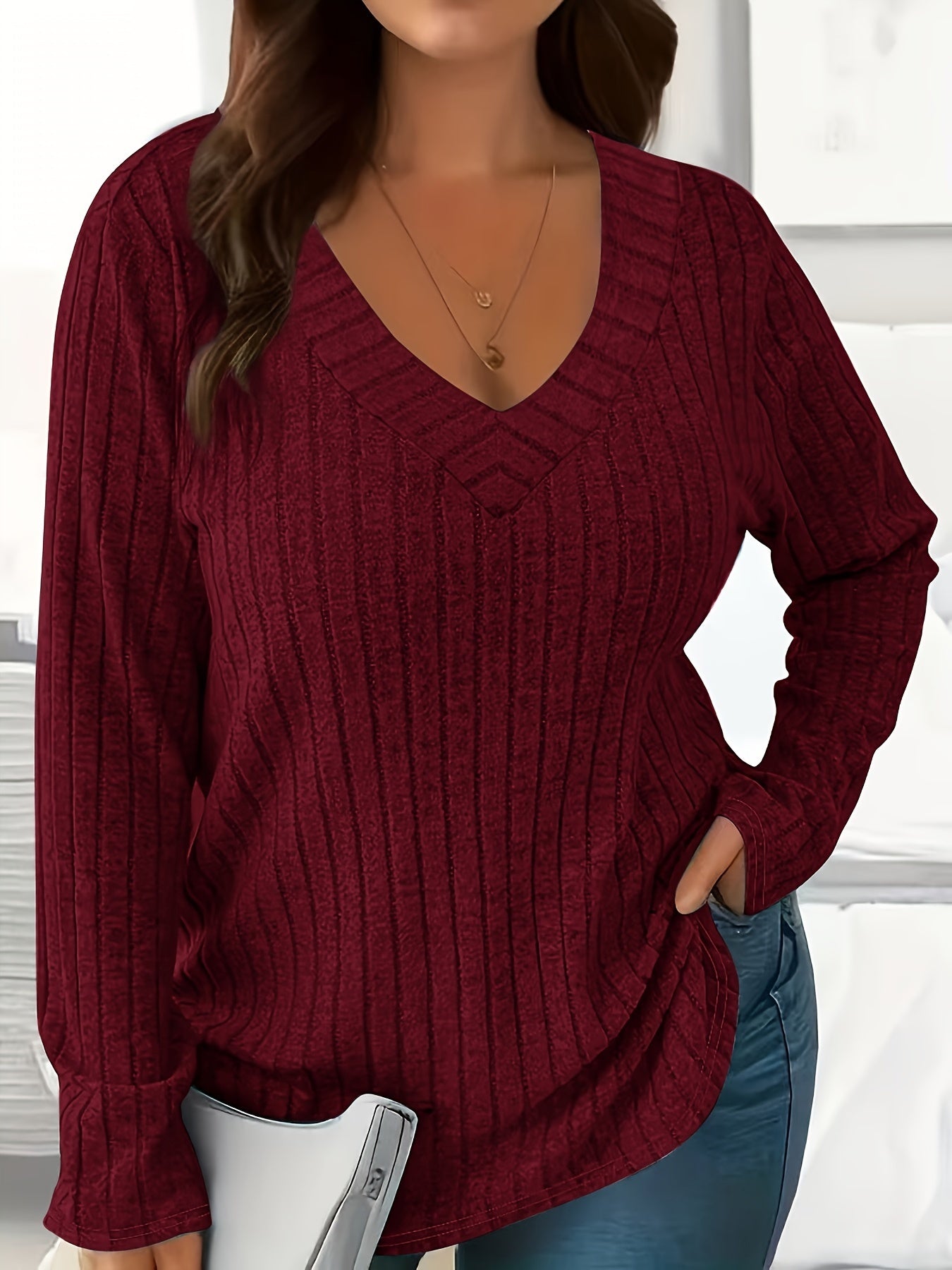 Women's Loose Fit V-Neck Polyester T-Shirt With Soft And Breathable Fabric, All-Season Casual Long Sleeve Tee, Machine Washable
