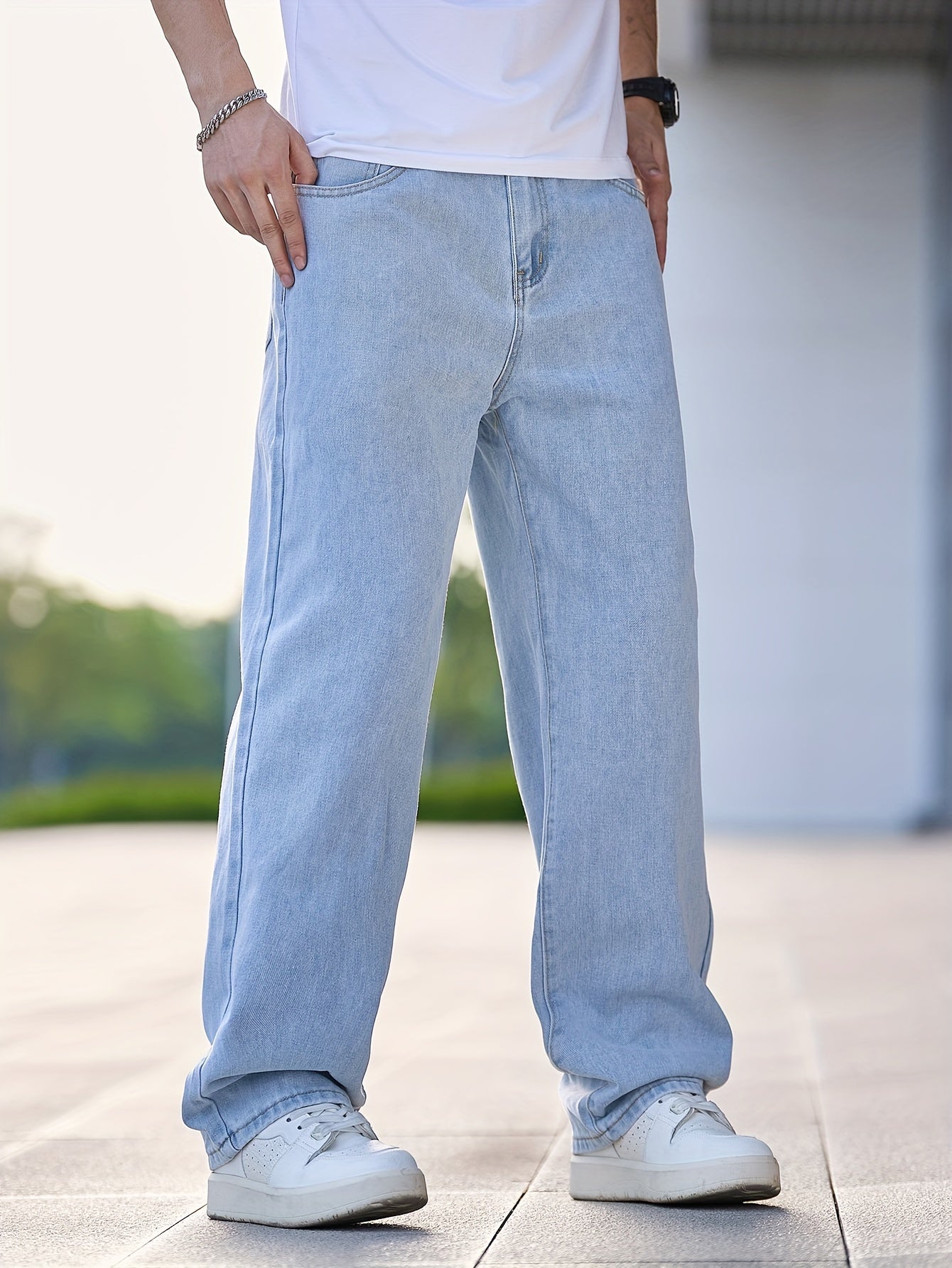 Men's Relaxed Fit Light Blue Denim Jeans - Casual Straight Leg Blend Pants, Machine Washable, Comfortable for Casual Attire, Casual Wear Jeans | Relaxed Fit Jeans | Blend Denim