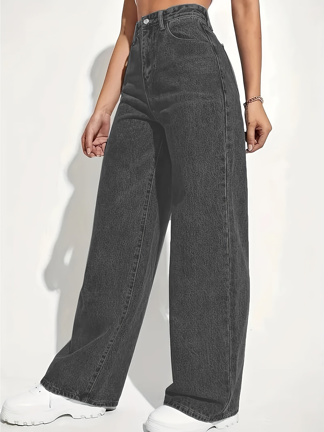 1pc Women'S High Stretch Cotton Wide Leg Jeans, Casual Washed Solid Color Denim, Woven Fabric, Versatile for Spring/Summer/Fall - DXK1005BF861K