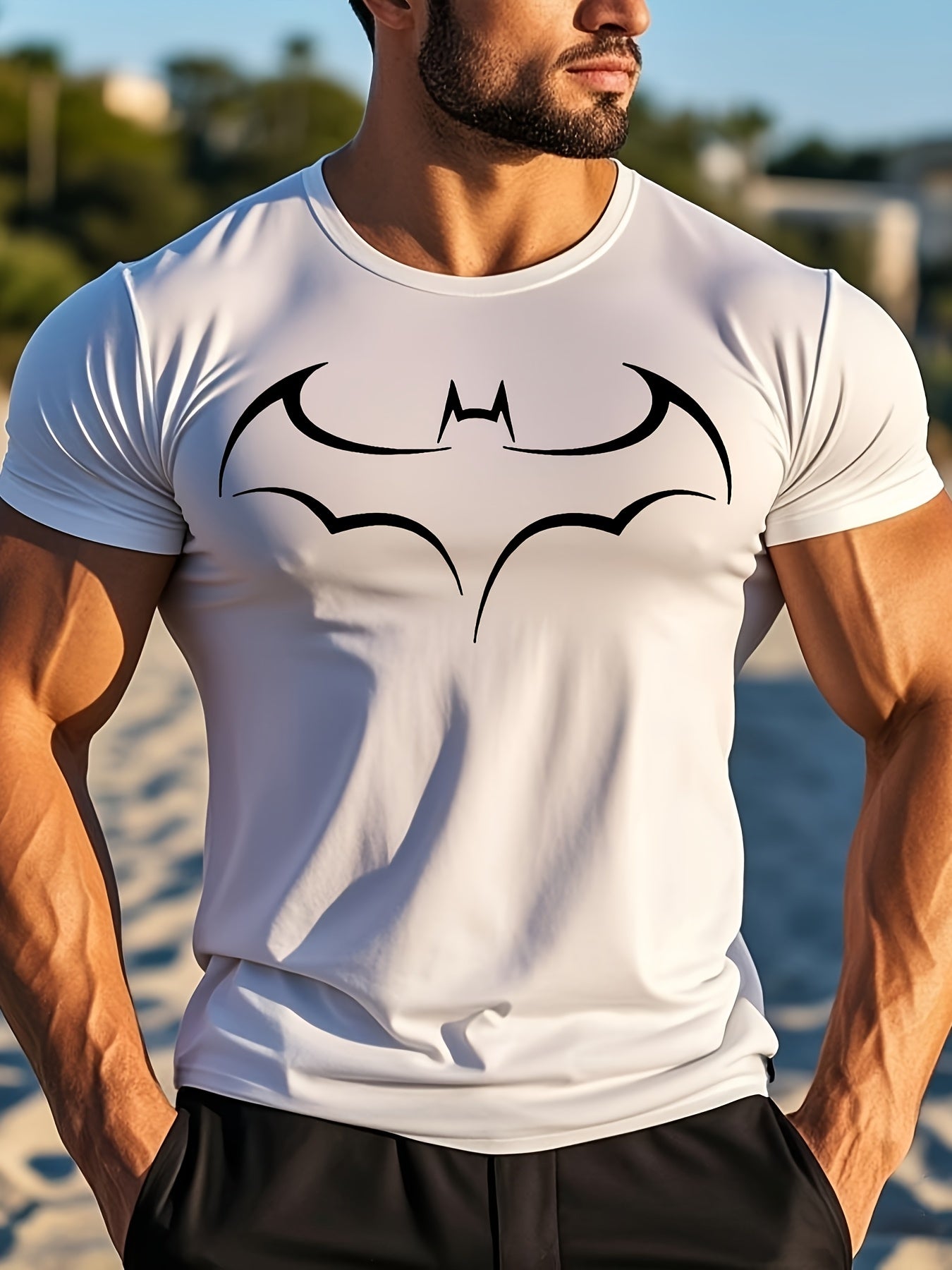 Minimalist High-End Bat Pattern Print Short-Sleeve Summer Fashion Casual Black And White Textured Men'S T-Shirt.