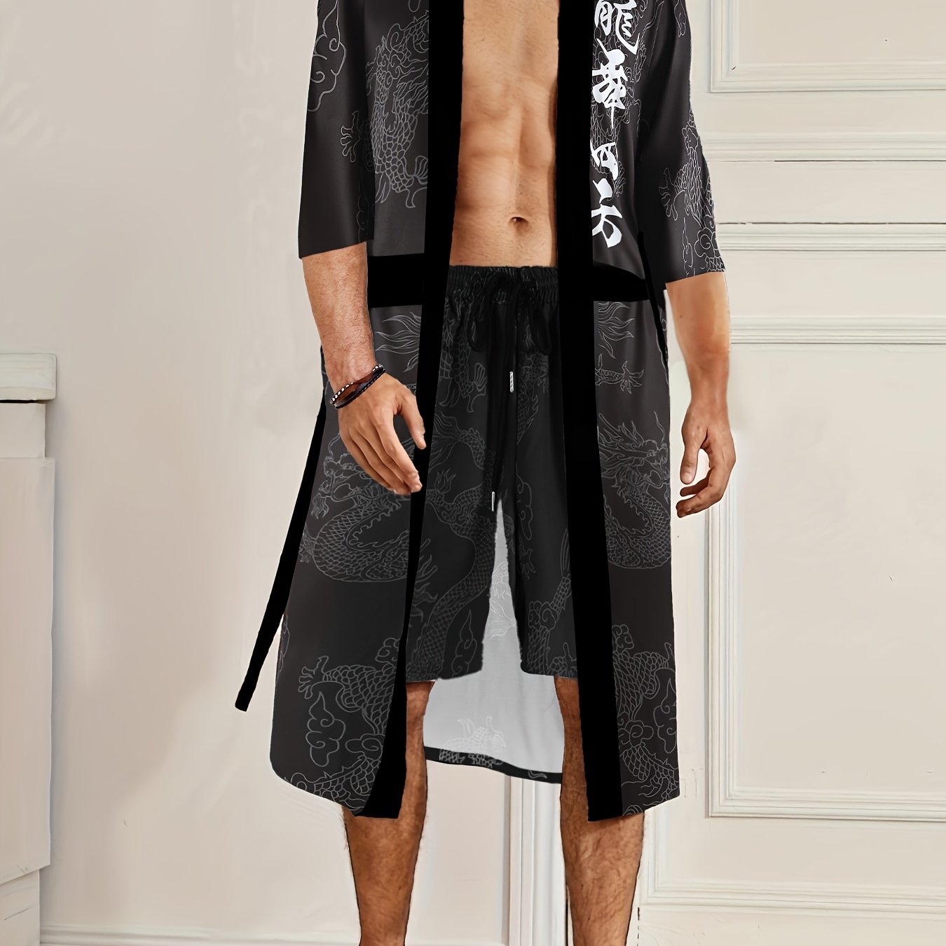 Men'S Dragon Dance Square Dragon Print Robe and Shorts Set - Casual V-Neck, Non-Stretch Polyester Home Wear with Belt Detail, Regular Fit