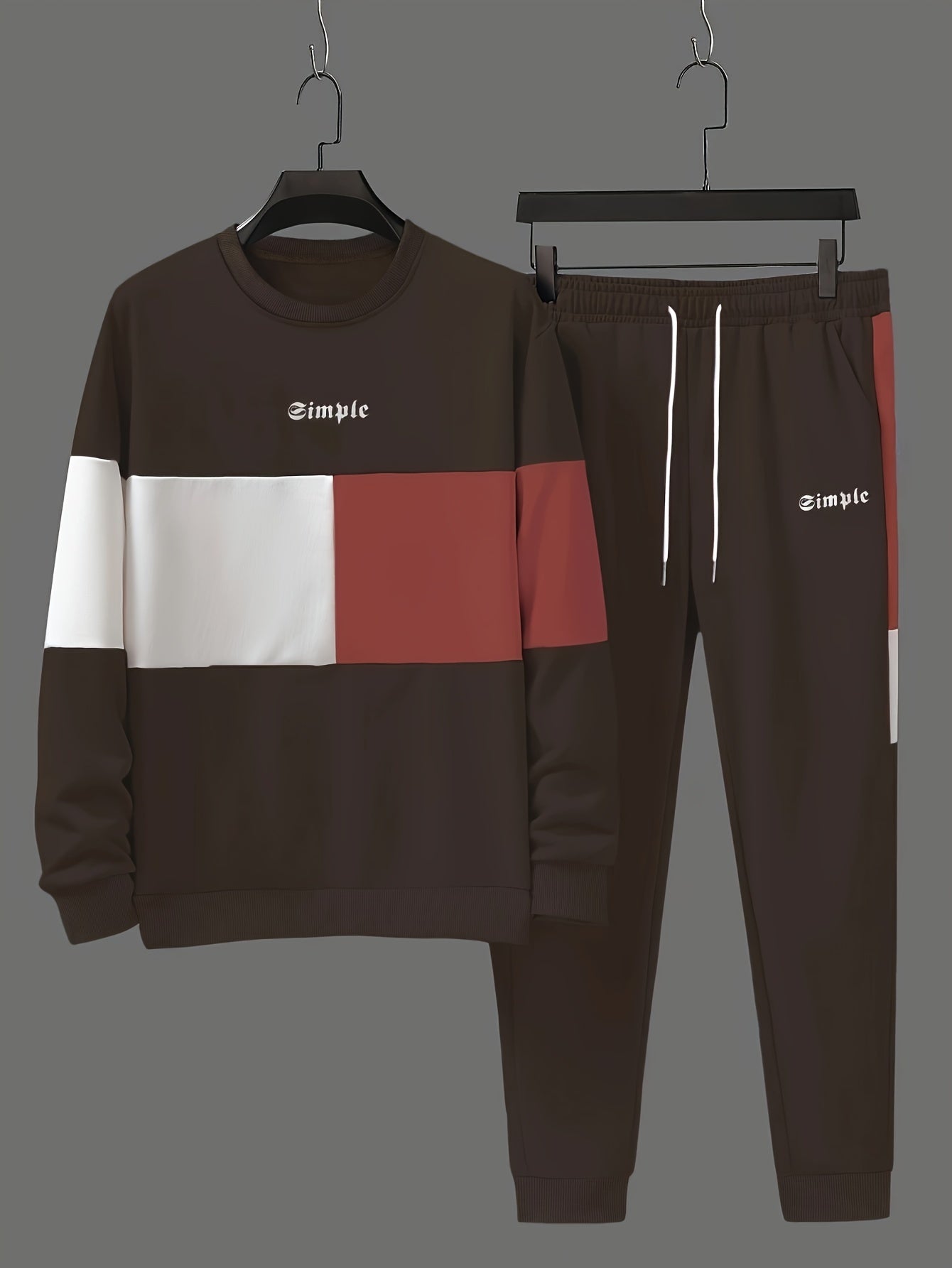 Men's Casual Crew Neck Sweatshirt & Joggers Set - Color Block, Polyester Blend, Machine Washable - Perfect for Spring/Fall, Leisure Style, Conventional Version, Spring/Autumn