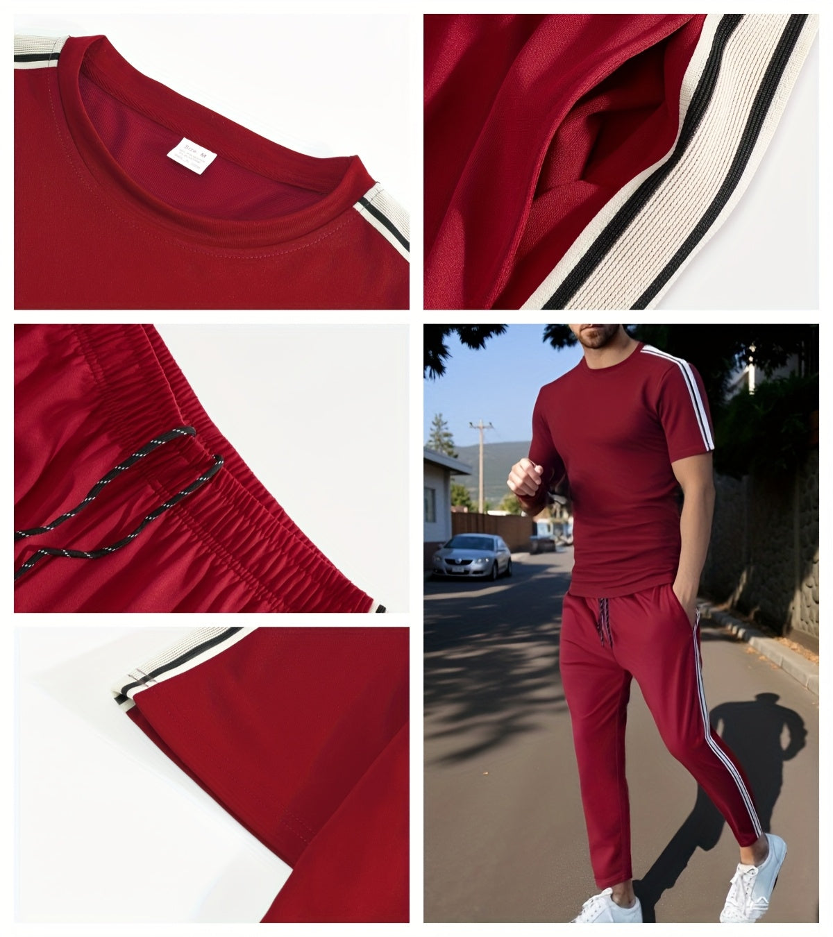 Cross-Border New Summer 2pcs Short-Sleeved T-Shirt And Long Pants Casual Men'S Casual Outdoor Sports Suit, Side Stripe Casual And Fashionable Men'S 2pcs Set