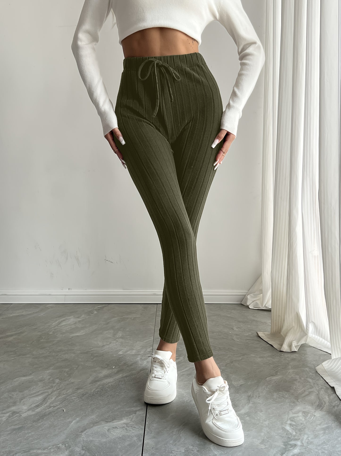 High-Waisted Drawstring Skinny Knitted Pants For Everyday Wear - Solid Color Women's Casual Clothing